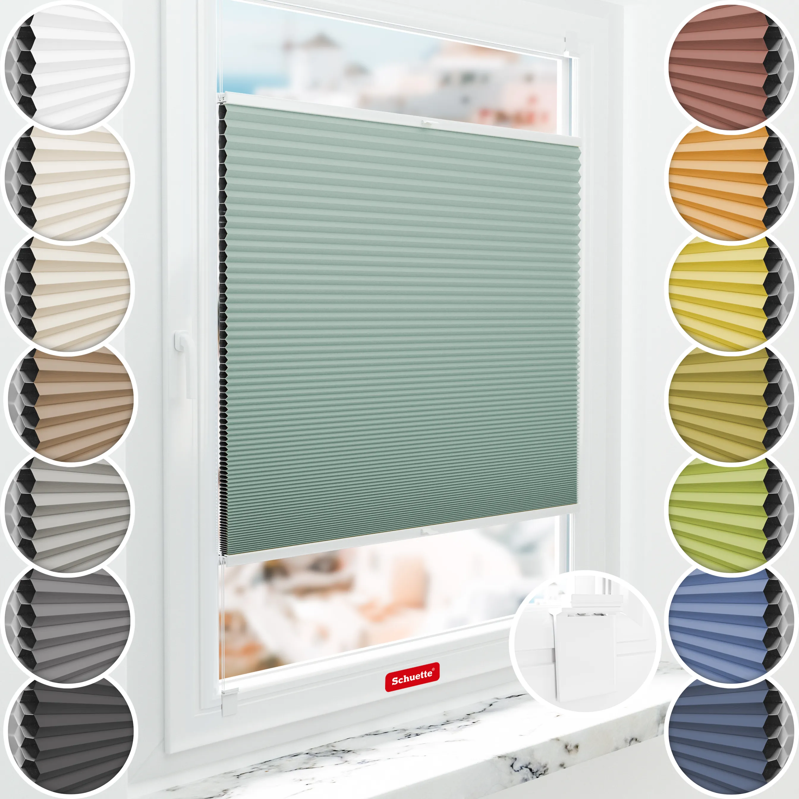 Schuette® Wabenplissee ohne Bohren nach Maß • Klebehalter & Schraubhalter 2in1 Set "Letsbond" • Honey Kollektion: Wicked Emerald (Blassgrün) • Profilfarbe: Braun