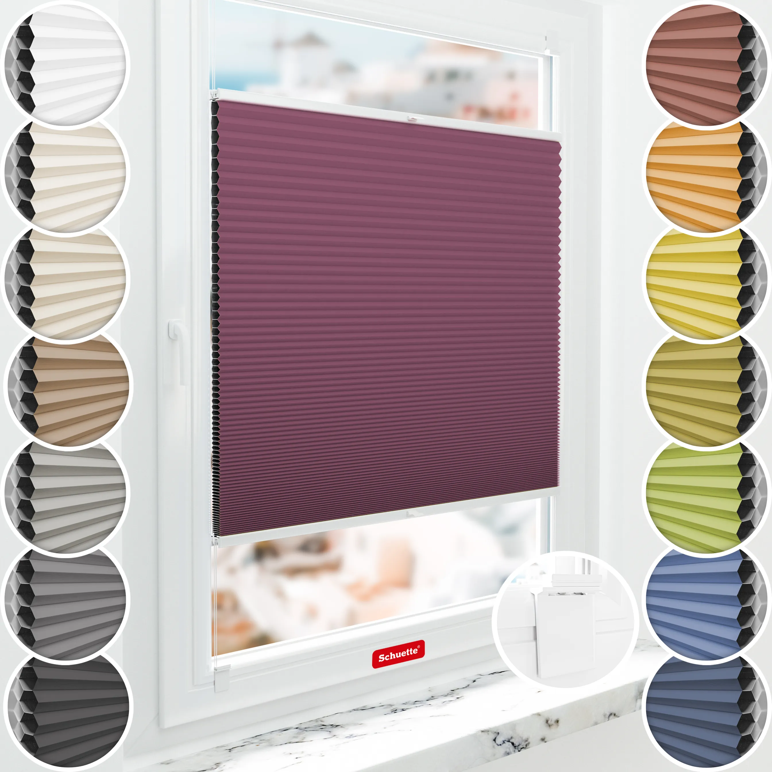 Schuette® Wabenplissee ohne Bohren nach Maß • Klebehalter & Schraubhalter 2in1 Set "Letsbond" • Honey Kollektion: Red Velvet (Purpurrot) • Profilfarbe: Anthrazit
