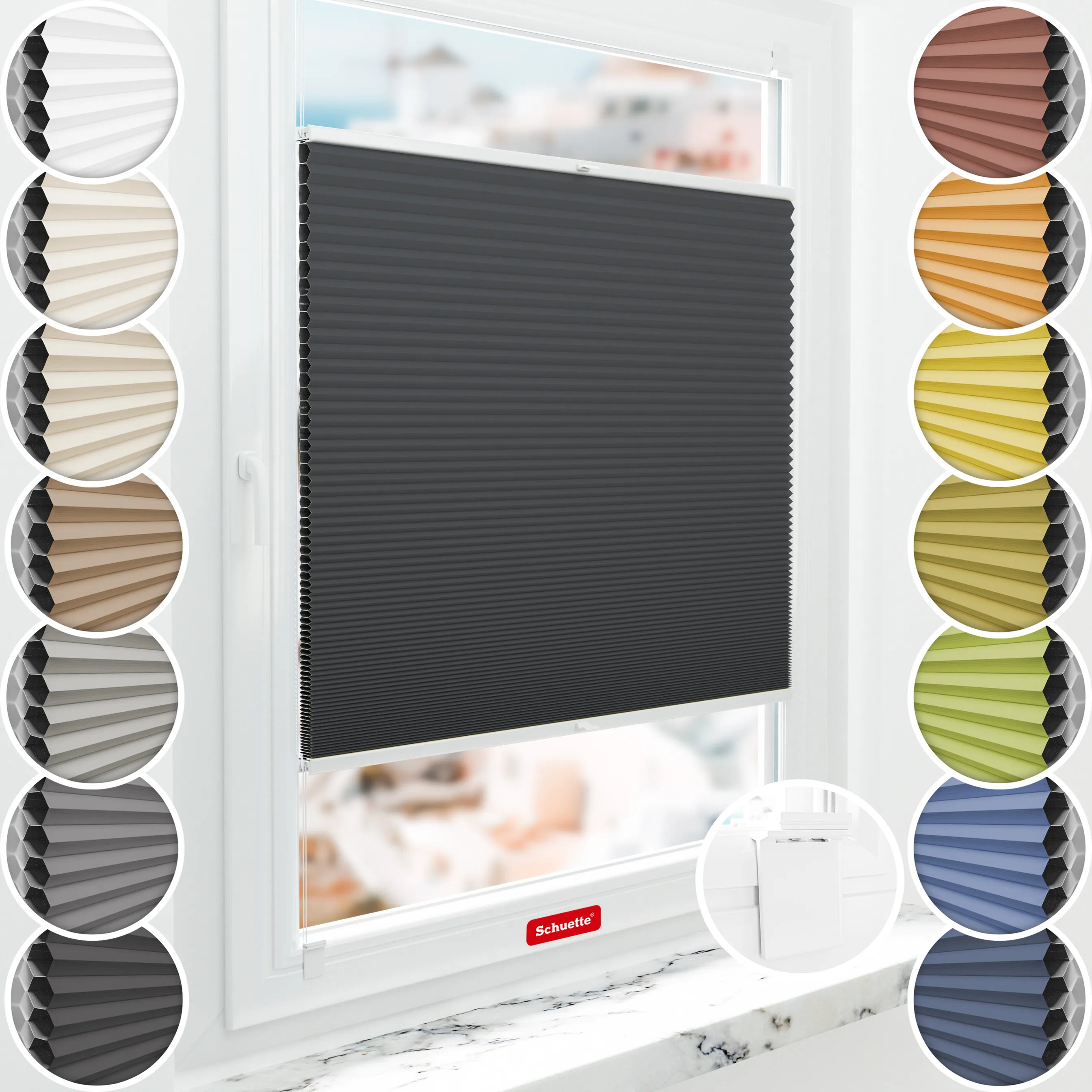 Schuette® Wabenplissee ohne Bohren nach Maß • Klebehalter & Schraubhalter 2in1 Set "Letsbond" • Honey Kollektion: Night Rider (Anthrazit) • Profilfarbe: Silber