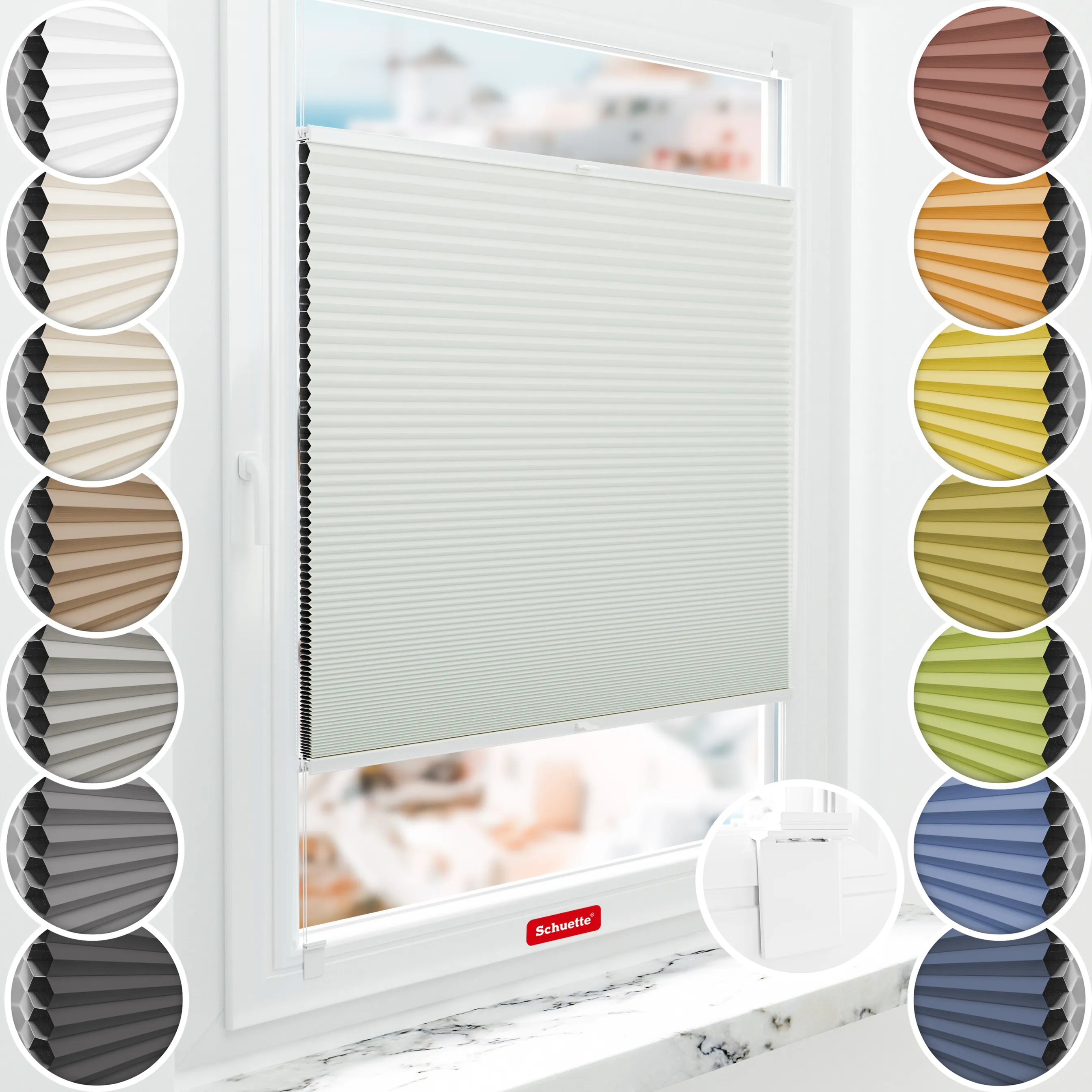 Schuette® Wabenplissee ohne Bohren nach Maß • Klebehalter & Schraubhalter 2in1 Set "Letsbond" • Honey Kollektion: Tinkerbell Twinkle (Pastellgrün) • Profilfarbe: Eiche