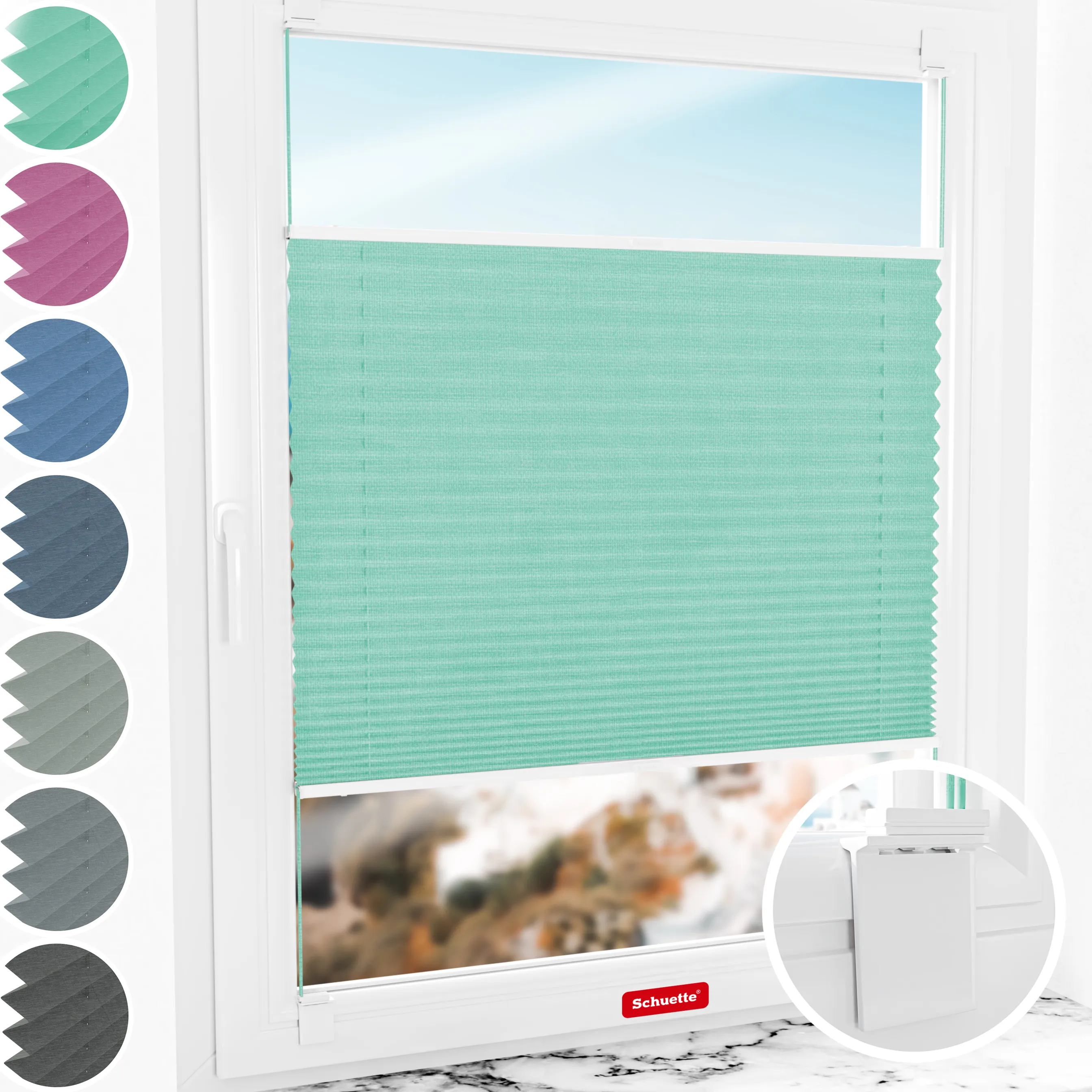 Schuette® Plissee ohne Bohren nach Maß • Suprafix Halterung “Zum Kleben” • Melange Kollektion: Mint Ice Cream (Grün) • Profilfarbe: Walnuss