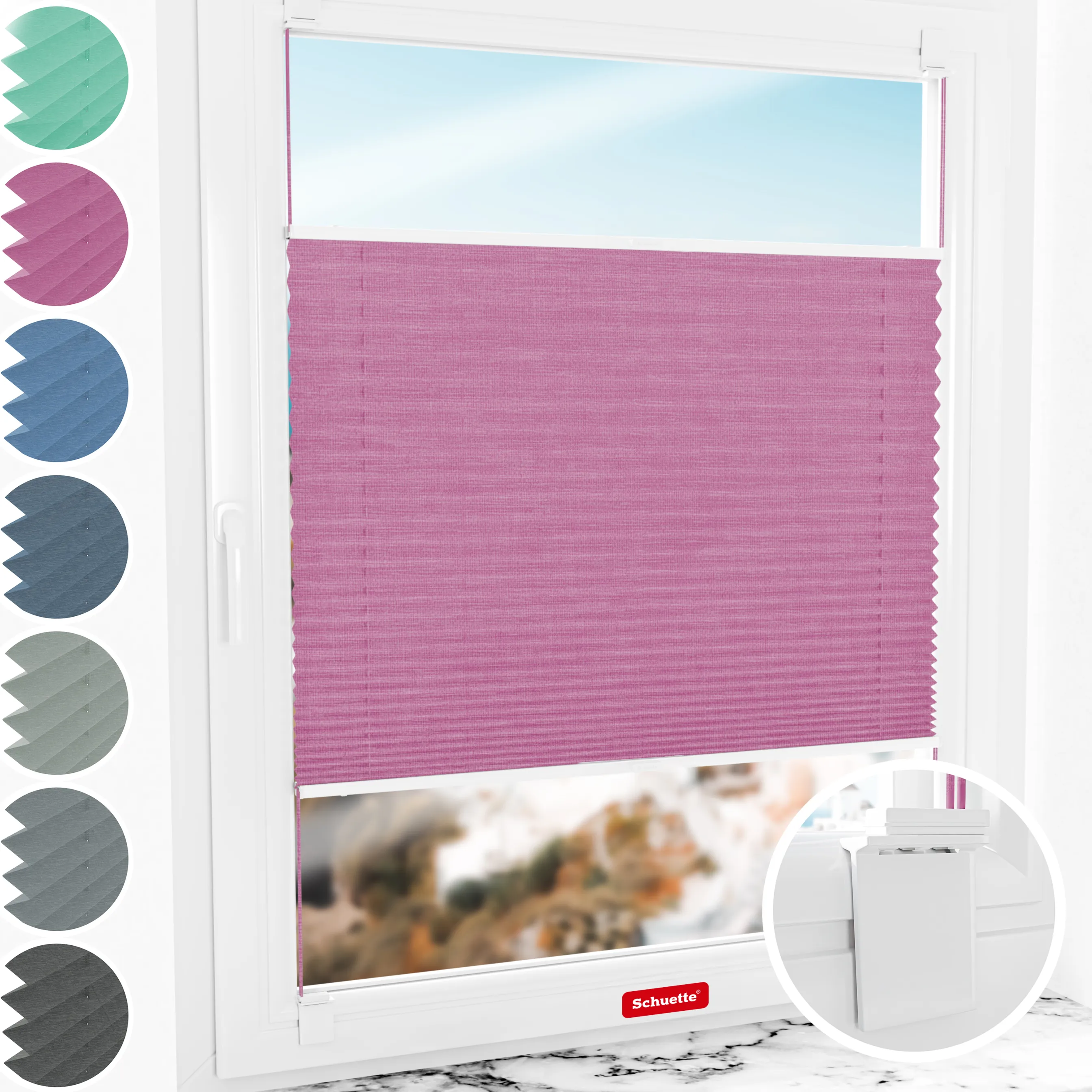 Schuette® Plissee ohne Bohren nach Maß • Suprafix Halterung “Zum Kleben” • Melange Kollektion: Magic Pink (Rosa) • Profilfarbe: Weiß