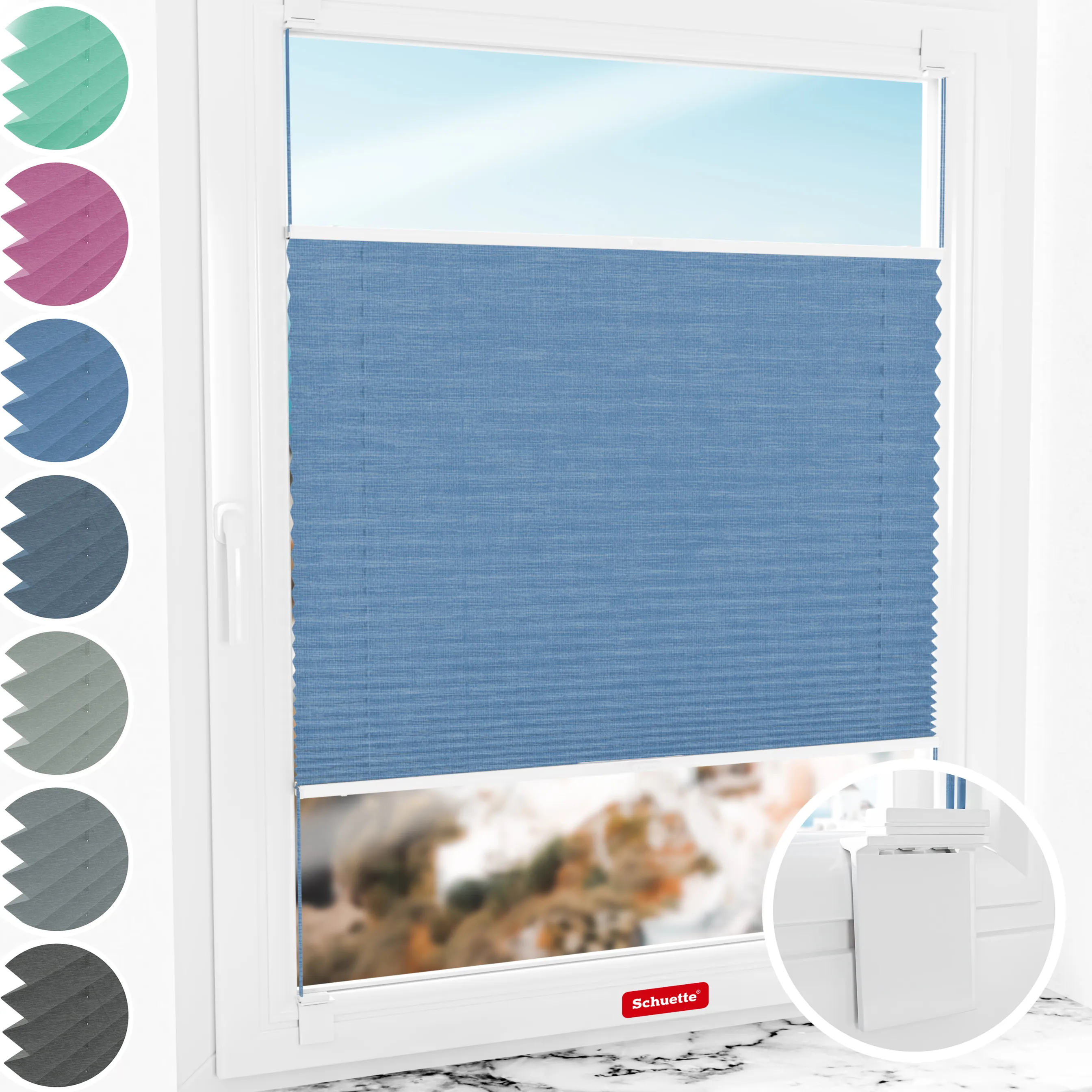 Schuette® Plissee ohne Bohren nach Maß • Suprafix Halterung “Zum Kleben” • Melange Kollektion: Deep Sea (Blau) • Profilfarbe: Eiche