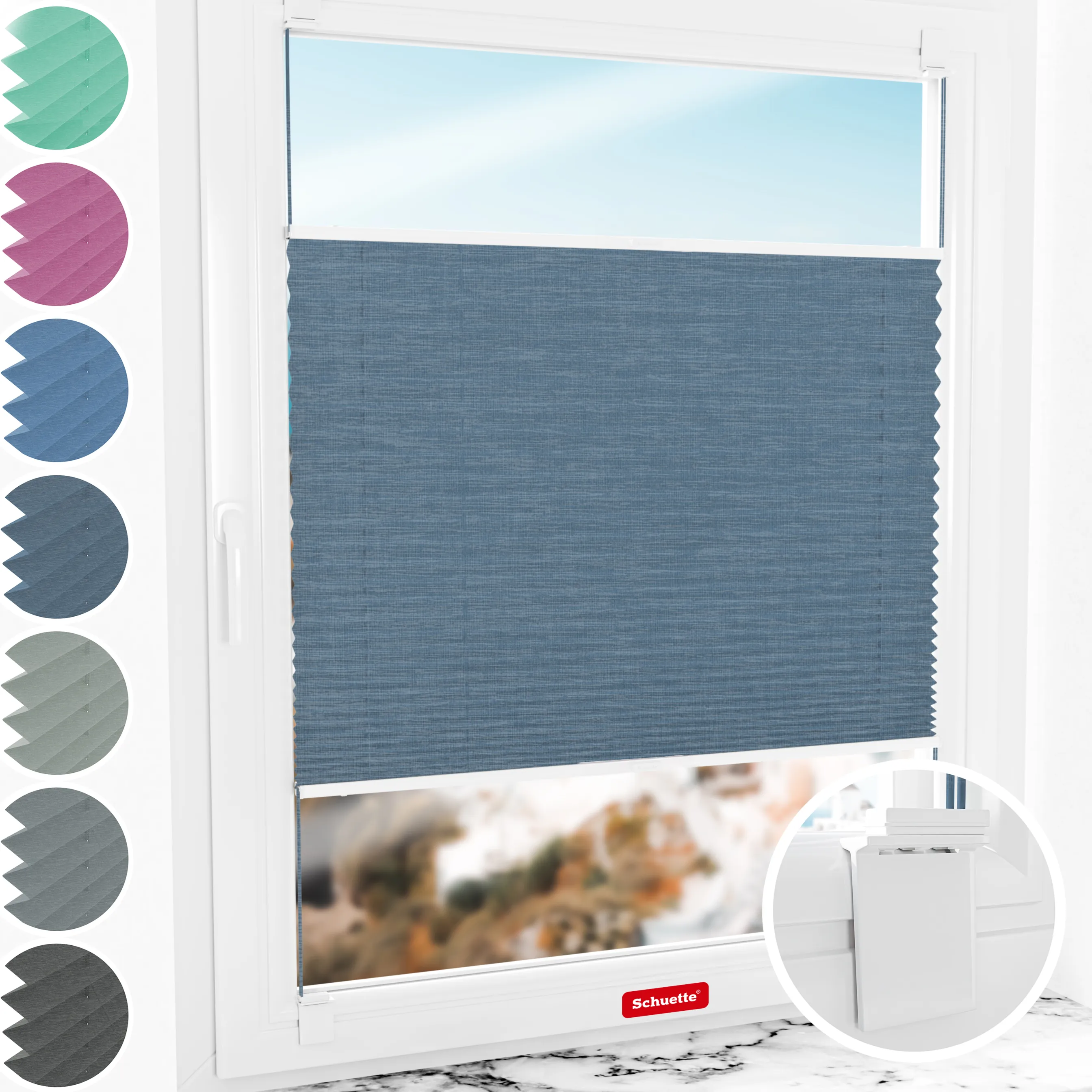 Schuette® Plissee ohne Bohren nach Maß • Suprafix Halterung “Zum Kleben” • Melange Kollektion: After Rain (Blau) • Profilfarbe: Weiß