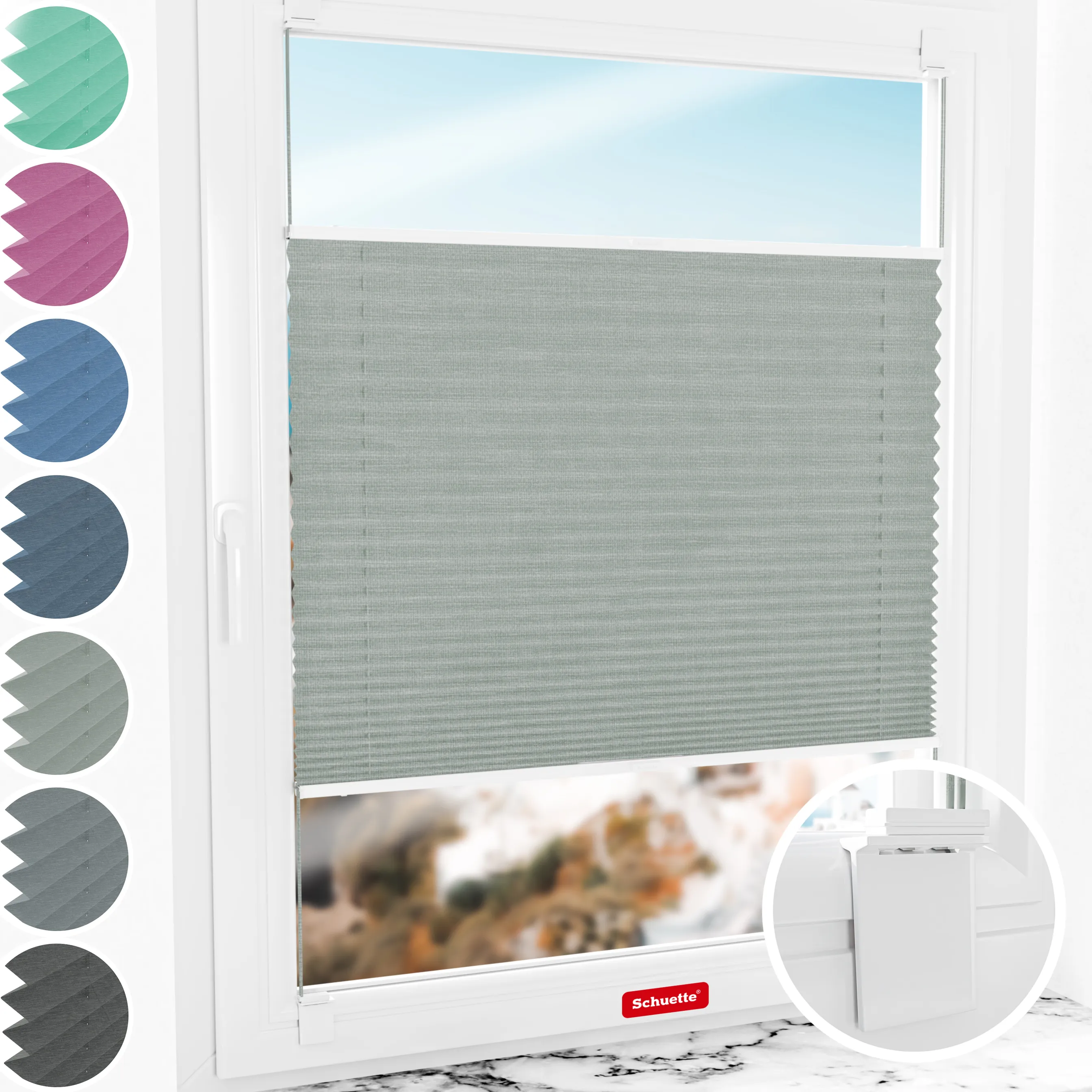 Schuette® Plissee ohne Bohren nach Maß • Suprafix Halterung “Zum Kleben” • Melange Kollektion: On The Road (Grau) • Profilfarbe: Eiche