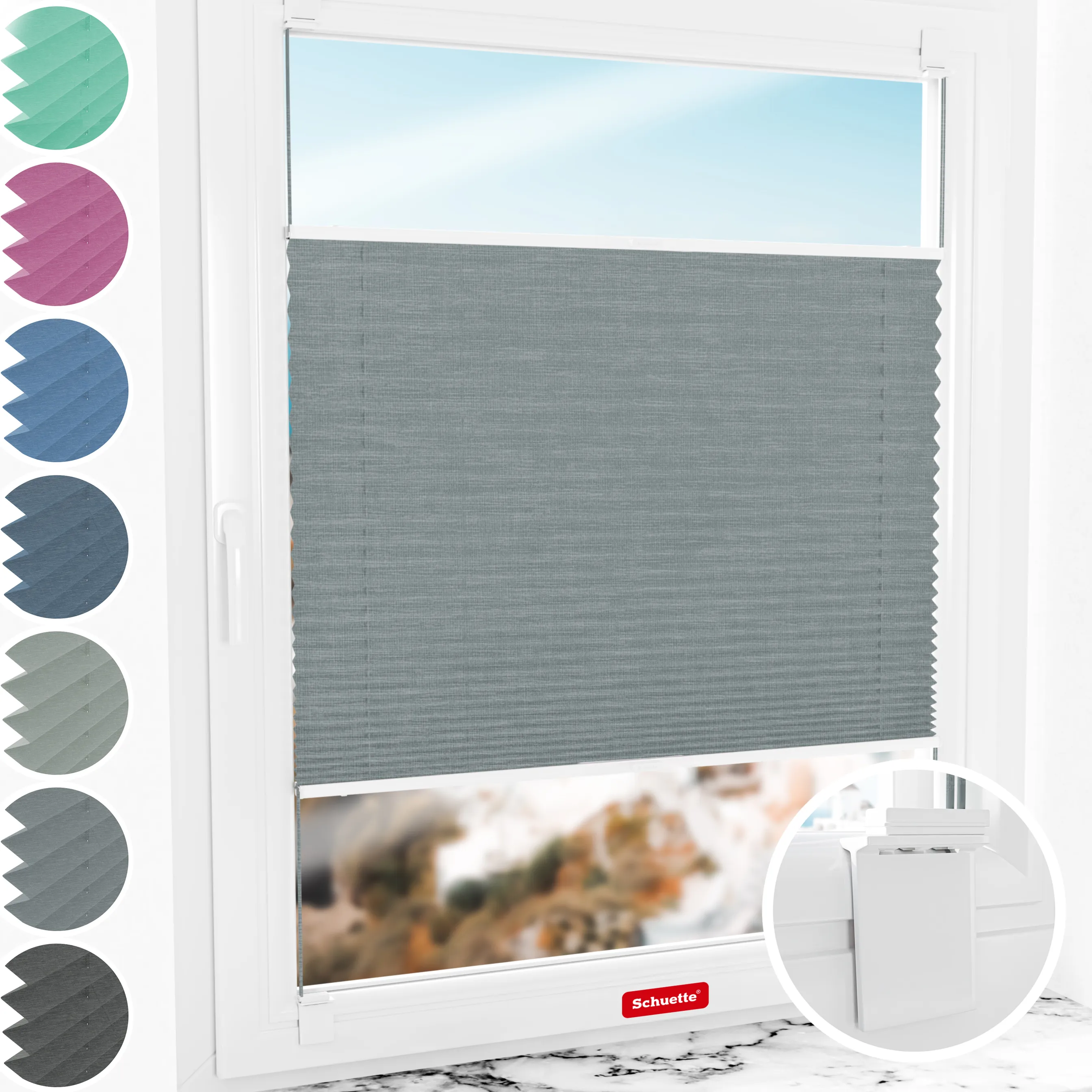 Schuette® Plissee ohne Bohren nach Maß • Suprafix Halterung “Zum Kleben” • Melange Kollektion: Rocky Mountain (Grau) • Profilfarbe: Anthrazit