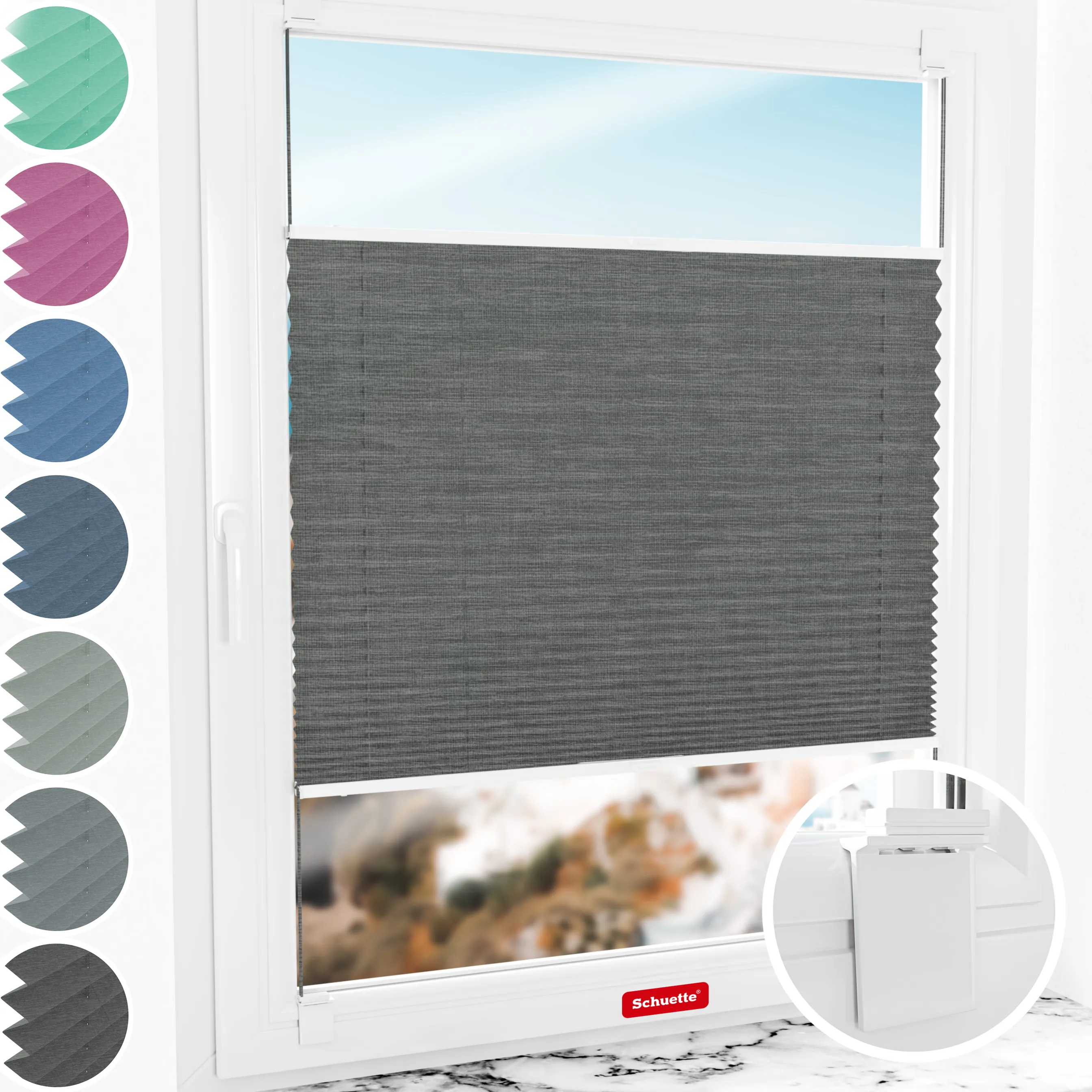 Schuette® Plissee ohne Bohren nach Maß • Suprafix Halterung “Zum Kleben” • Melange Kollektion: Black Pearl (Schwarz) • Profilfarbe: Anthrazit
