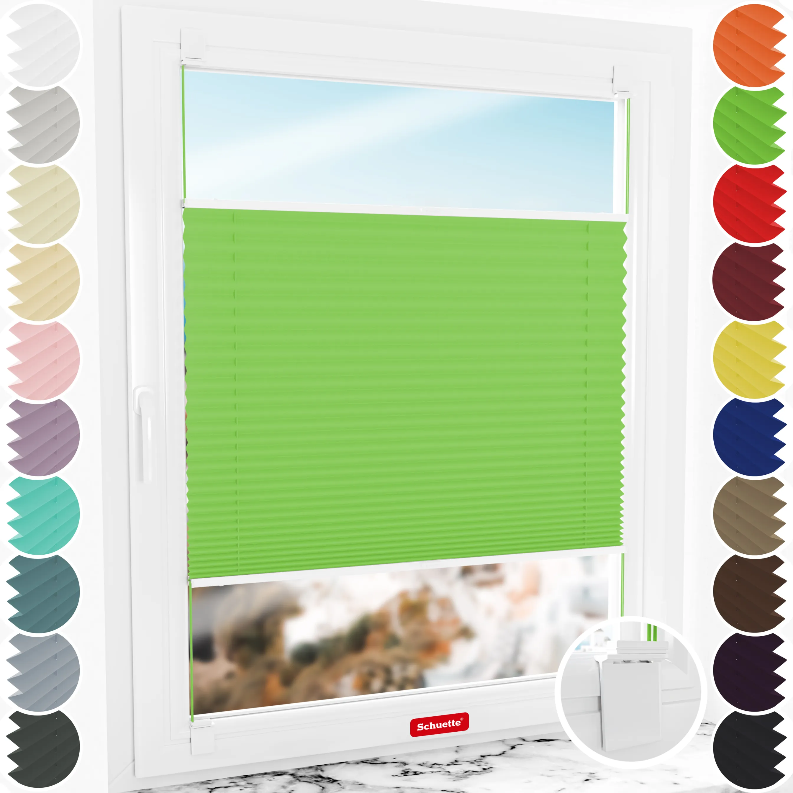 Schuette® Plissee ohne Bohren nach Maß • Suprafix Halterung “Zum Kleben” • Premium Kollektion: Green Meadow (Grün) • Profilfarbe: Silber