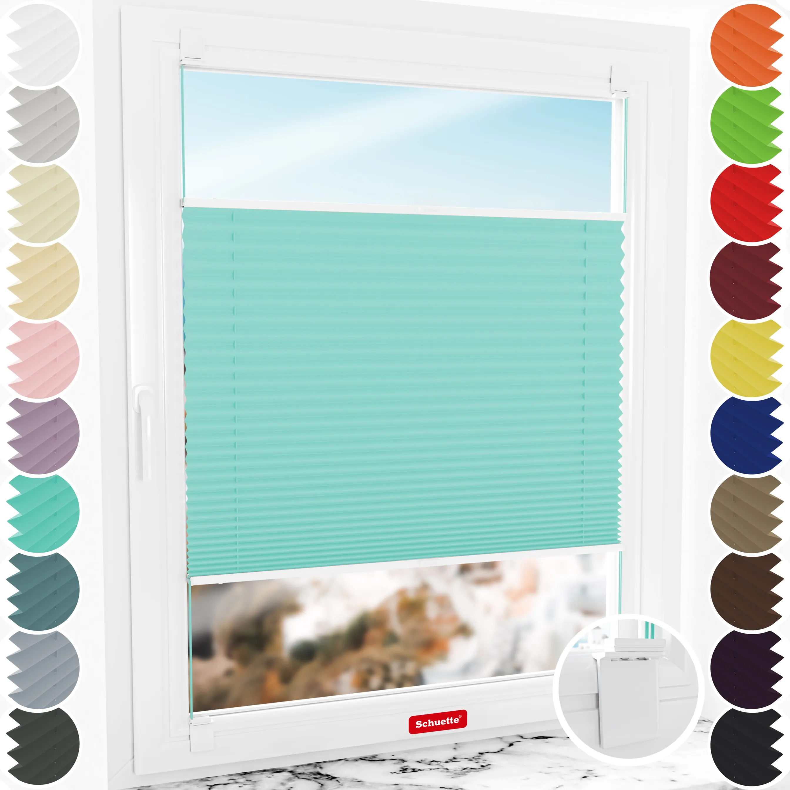 Schuette® Plissee ohne Bohren nach Maß • Suprafix Halterung “Zum Kleben” • Premium Kollektion: Blue Ocean (Türkis) • Profilfarbe: Braun