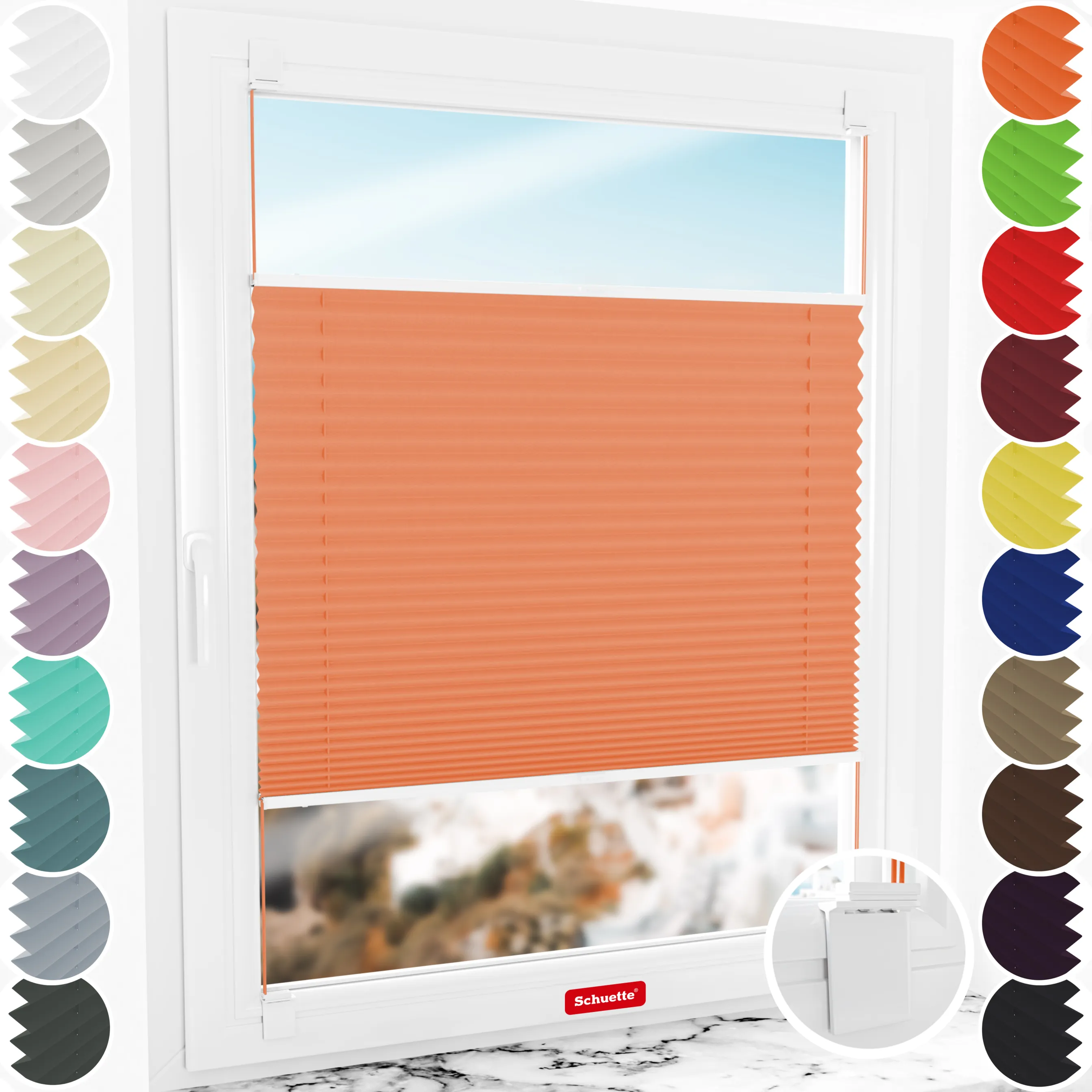 Schuette® Plissee ohne Bohren nach Maß • Suprafix Halterung “Zum Kleben” • Premium Kollektion: Sunset (Orange) • Profilfarbe: Eiche