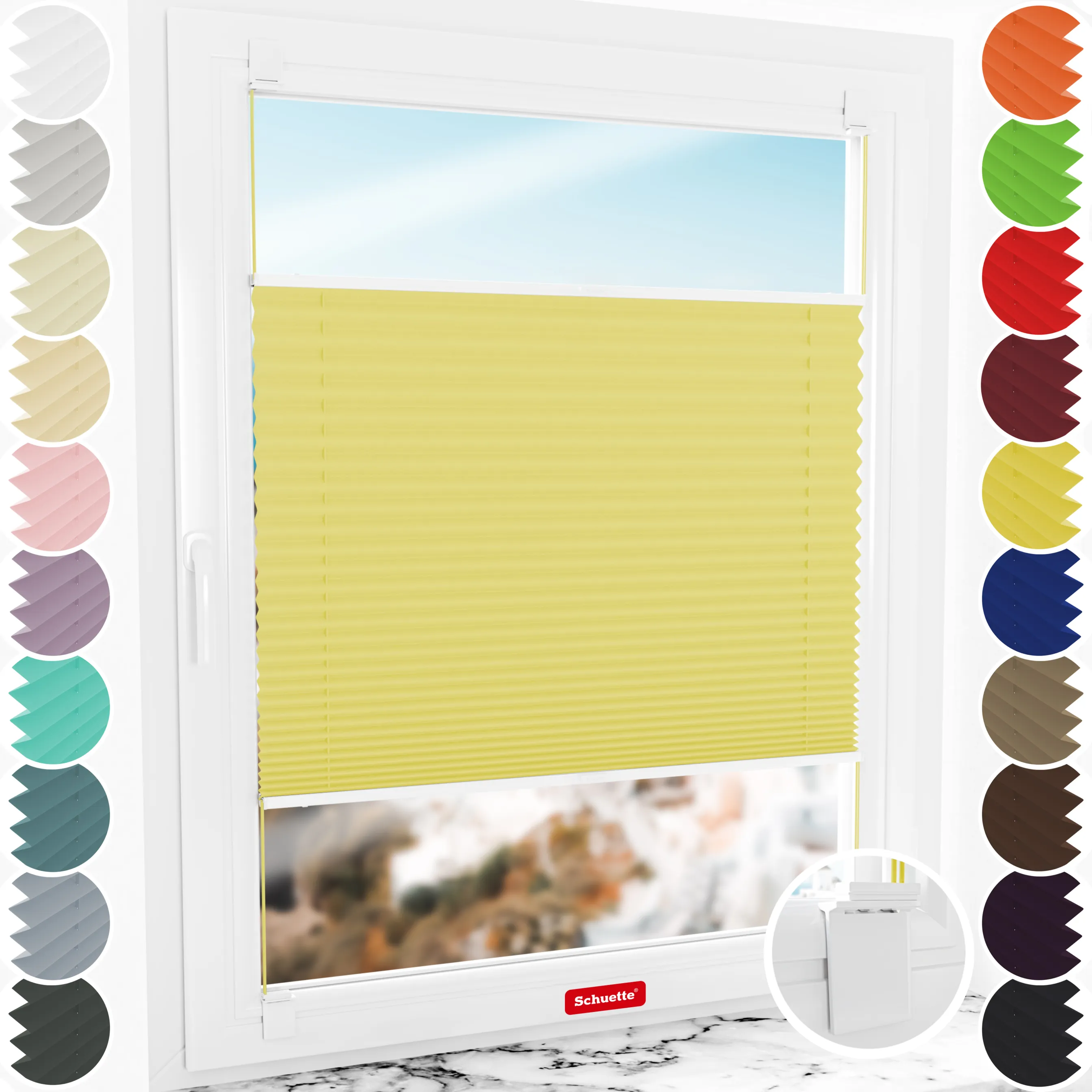 Schuette® Plissee ohne Bohren nach Maß • Suprafix Halterung “Zum Kleben” • Premium Kollektion: Summer Time (Gelb) • Profilfarbe: Weiß