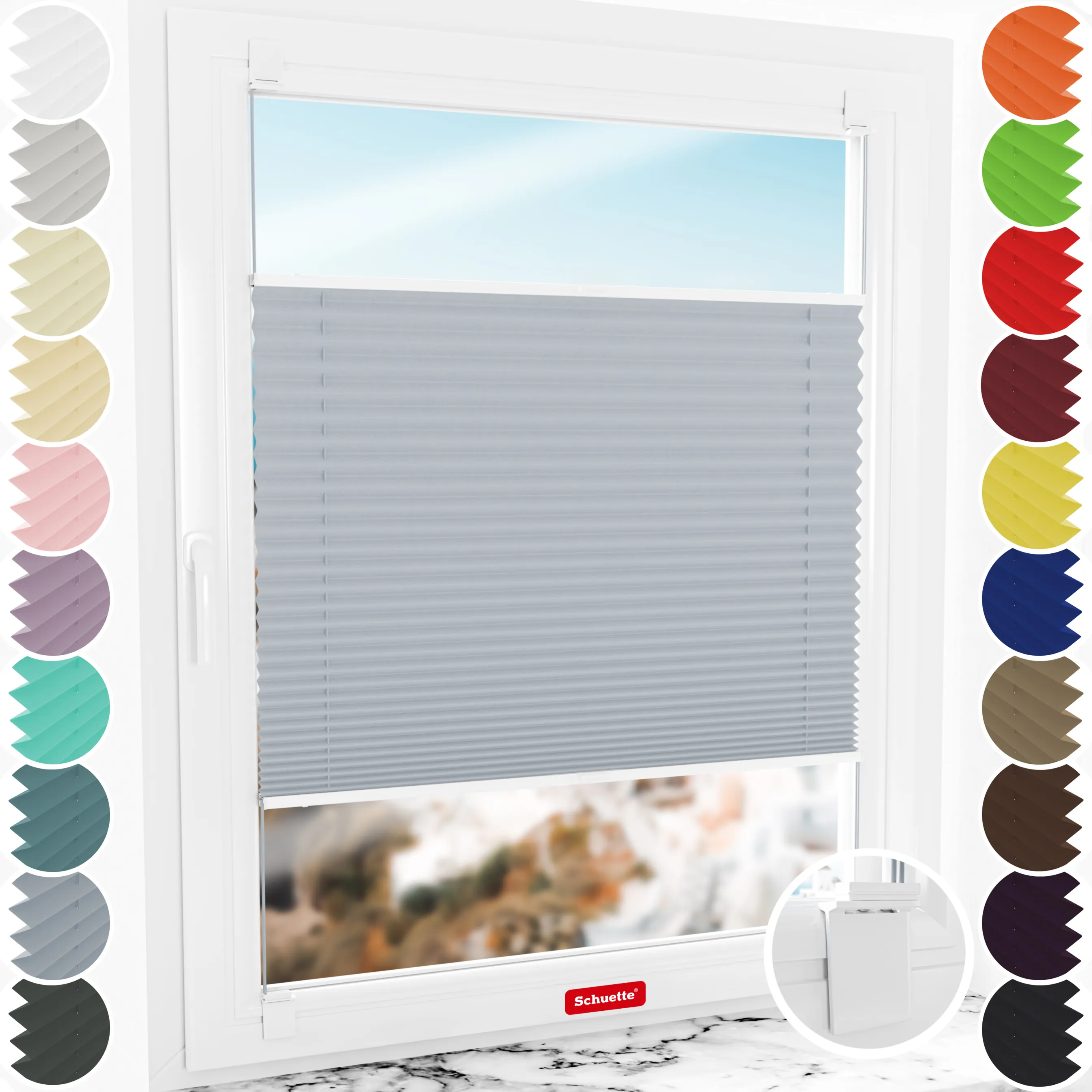 Schuette® Plissee ohne Bohren nach Maß • Suprafix Halterung “Zum Kleben” • Premium Kollektion: Silver Sonata (Grau) • Profilfarbe: Braun