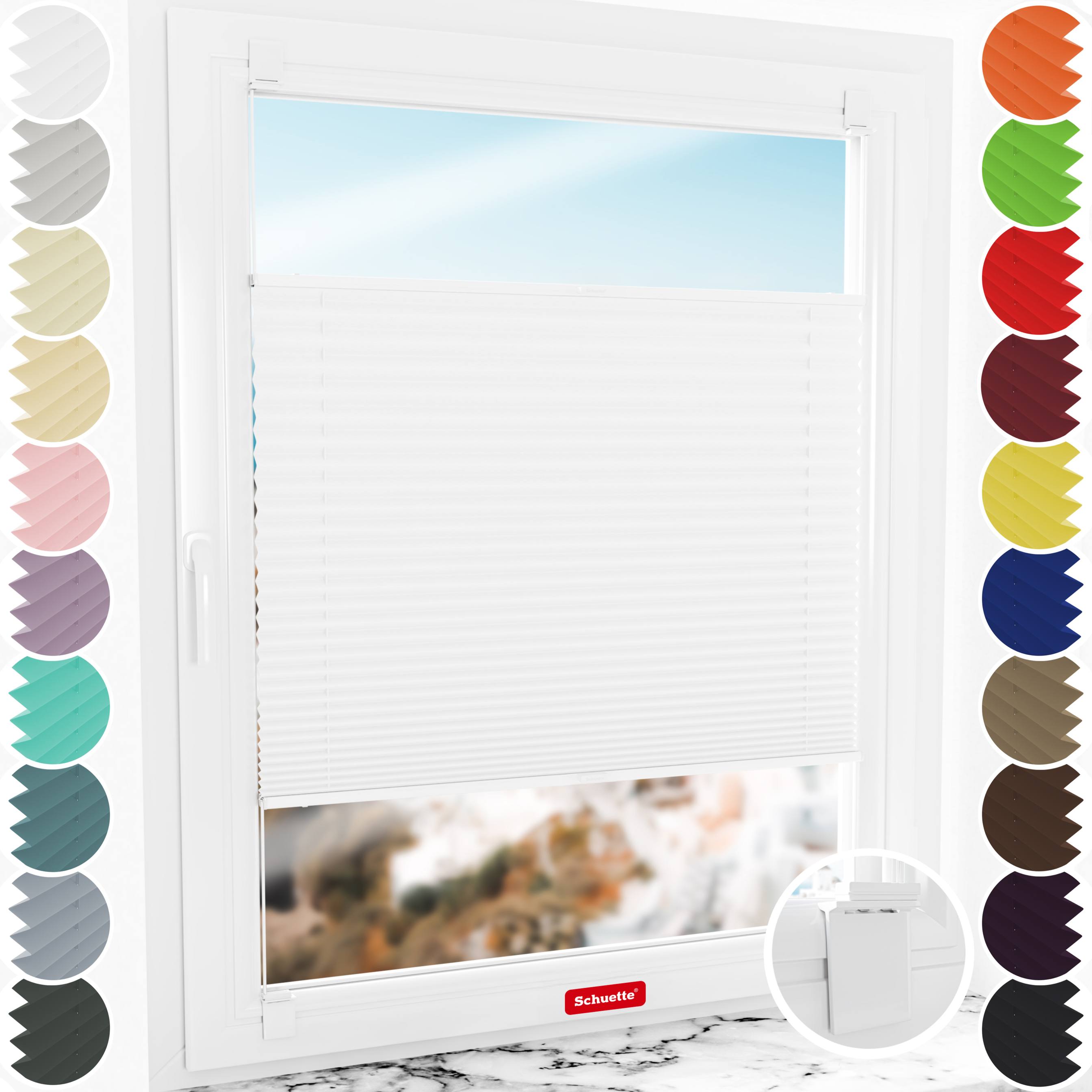 Schuette® Pleated blind without drilling made-to-measure • Suprafix Mounts “For glueing” • Thermo Collection: White Day (White) • Profile color: White