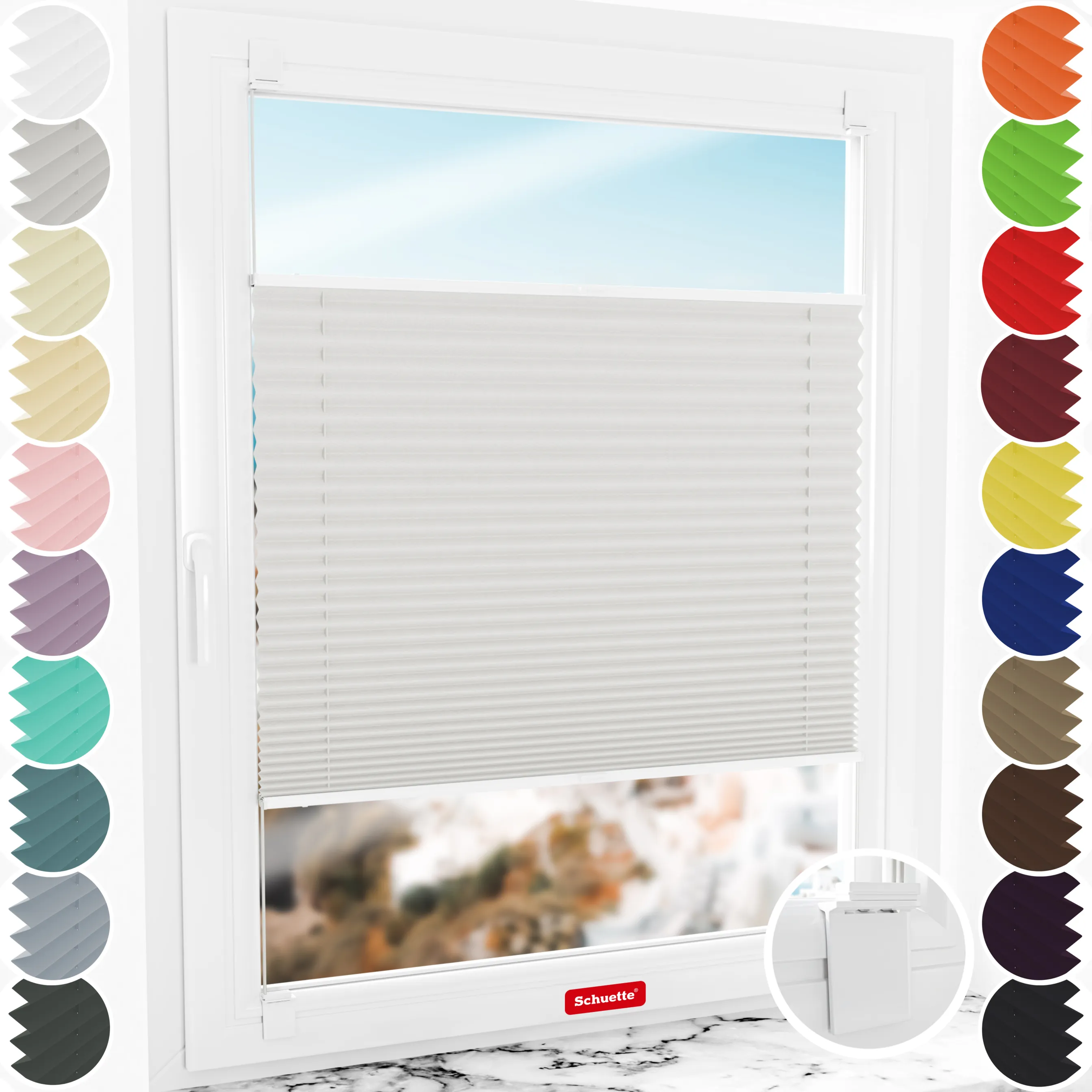 Schuette® Plissee ohne Bohren nach Maß • Suprafix Halterung “Zum Kleben” • Thermo Kollektion: Spring Cloud (Grau) • Profilfarbe: Braun