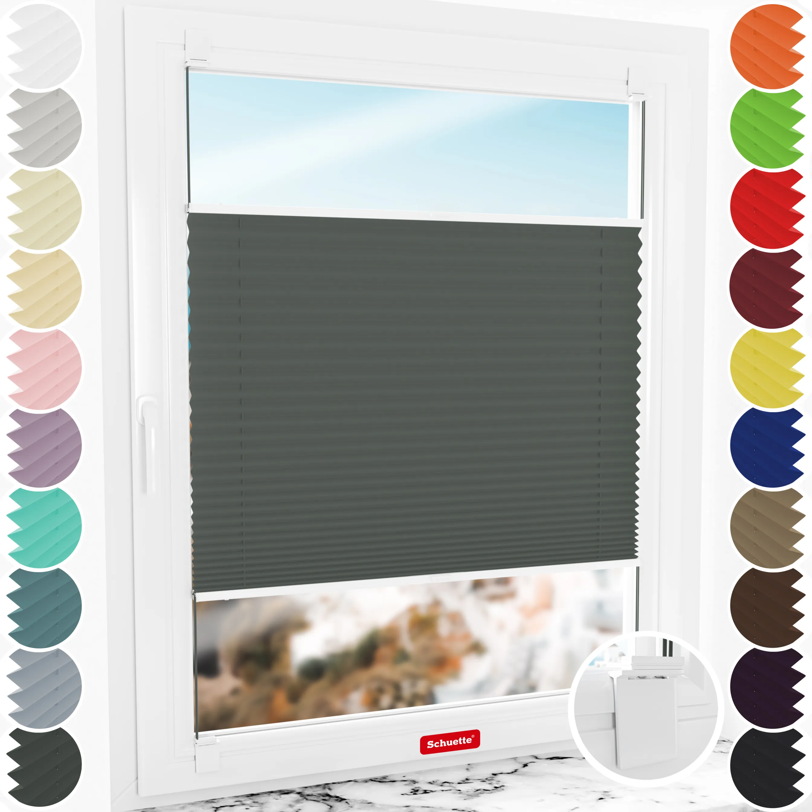 Schuette® Plissee ohne Bohren nach Maß • Suprafix Halterung “Zum Kleben” • Thermo Kollektion: Before Storm (Grau) • Profilfarbe: Walnuss