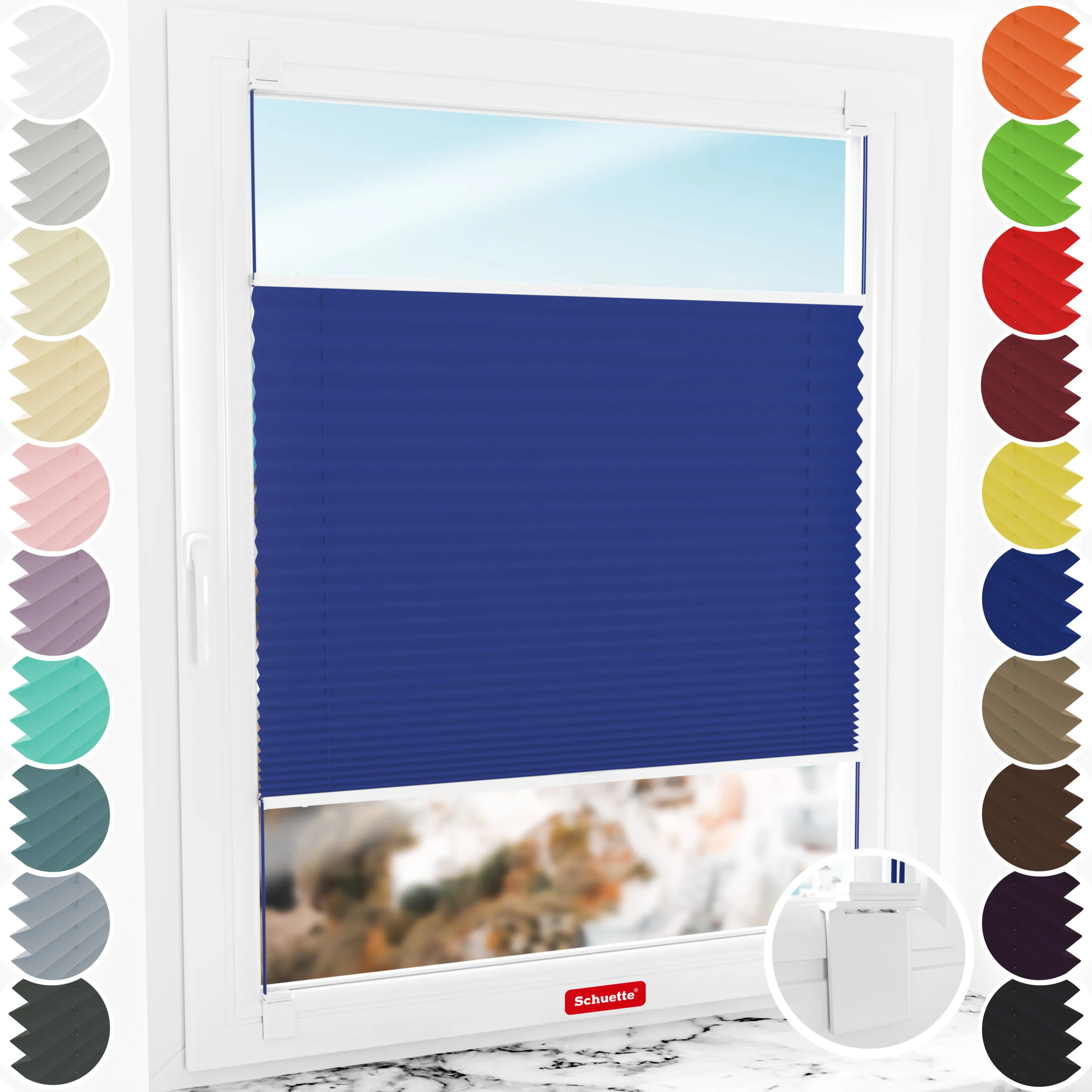 Schuette® Plissee ohne Bohren nach Maß • Suprafix Halterung “Zum Kleben” • Thermo Kollektion: Wave Waltz (Blau) • Profilfarbe: Eiche