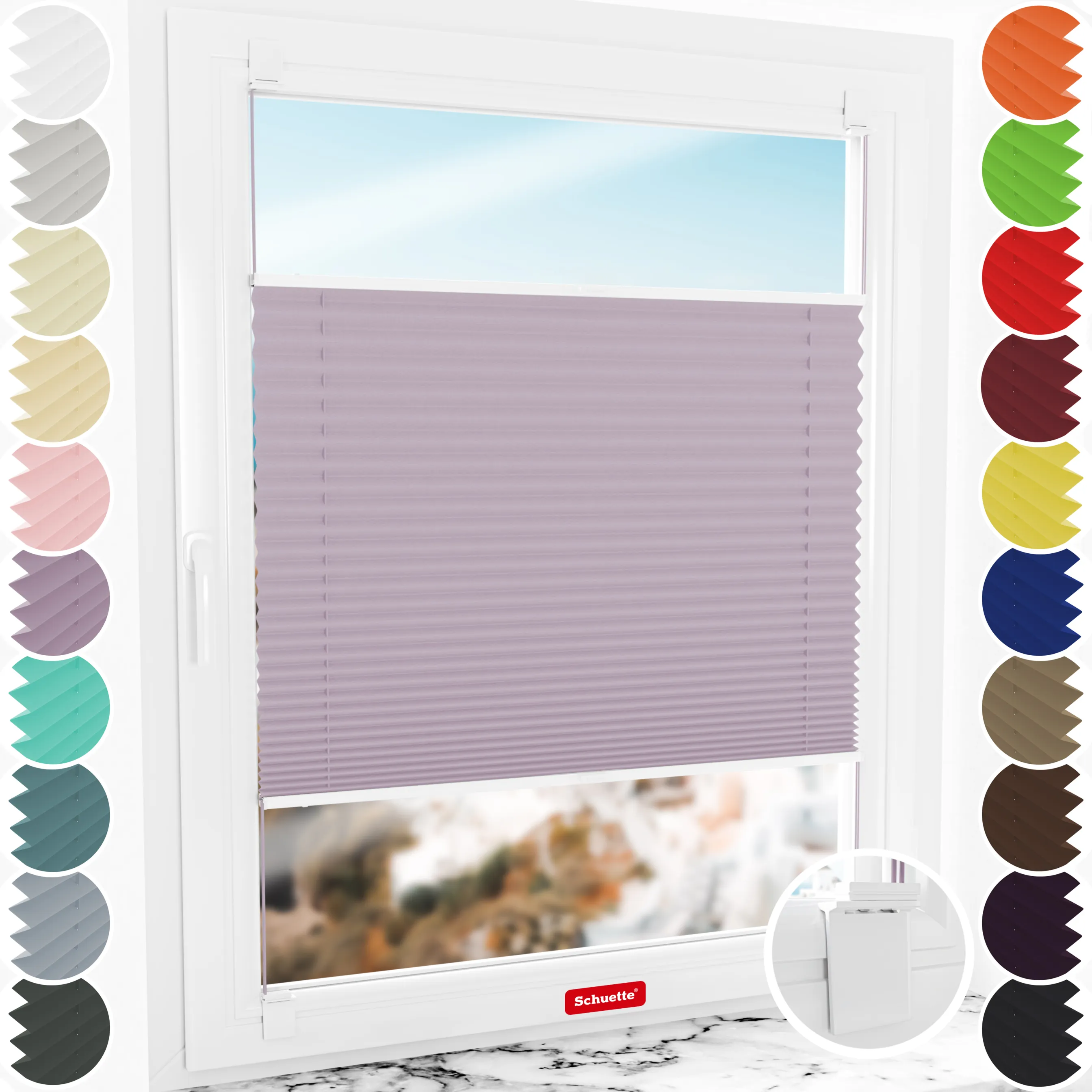 Schuette® Plissee ohne Bohren nach Maß • Suprafix Halterung “Zum Kleben” • Thermo Kollektion: Pastel Grape (lila) • Profilfarbe: Weiß
