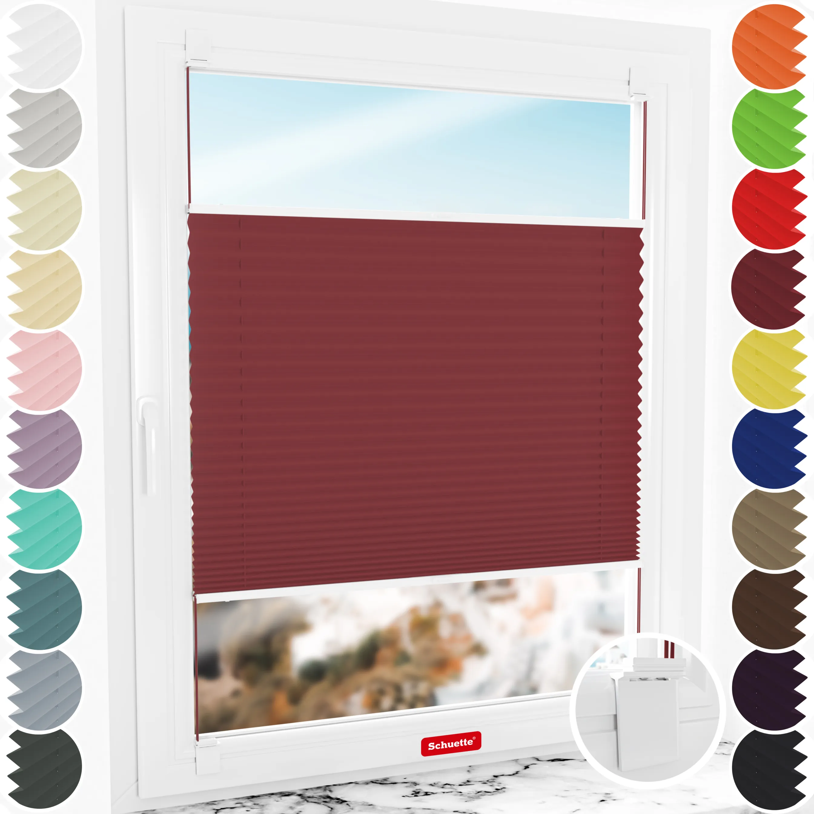 Schuette® Plissee ohne Bohren nach Maß • Suprafix Halterung “Zum Kleben” • Thermo Kollektion: Scarlet Wine (Rot) • Profilfarbe: Eiche