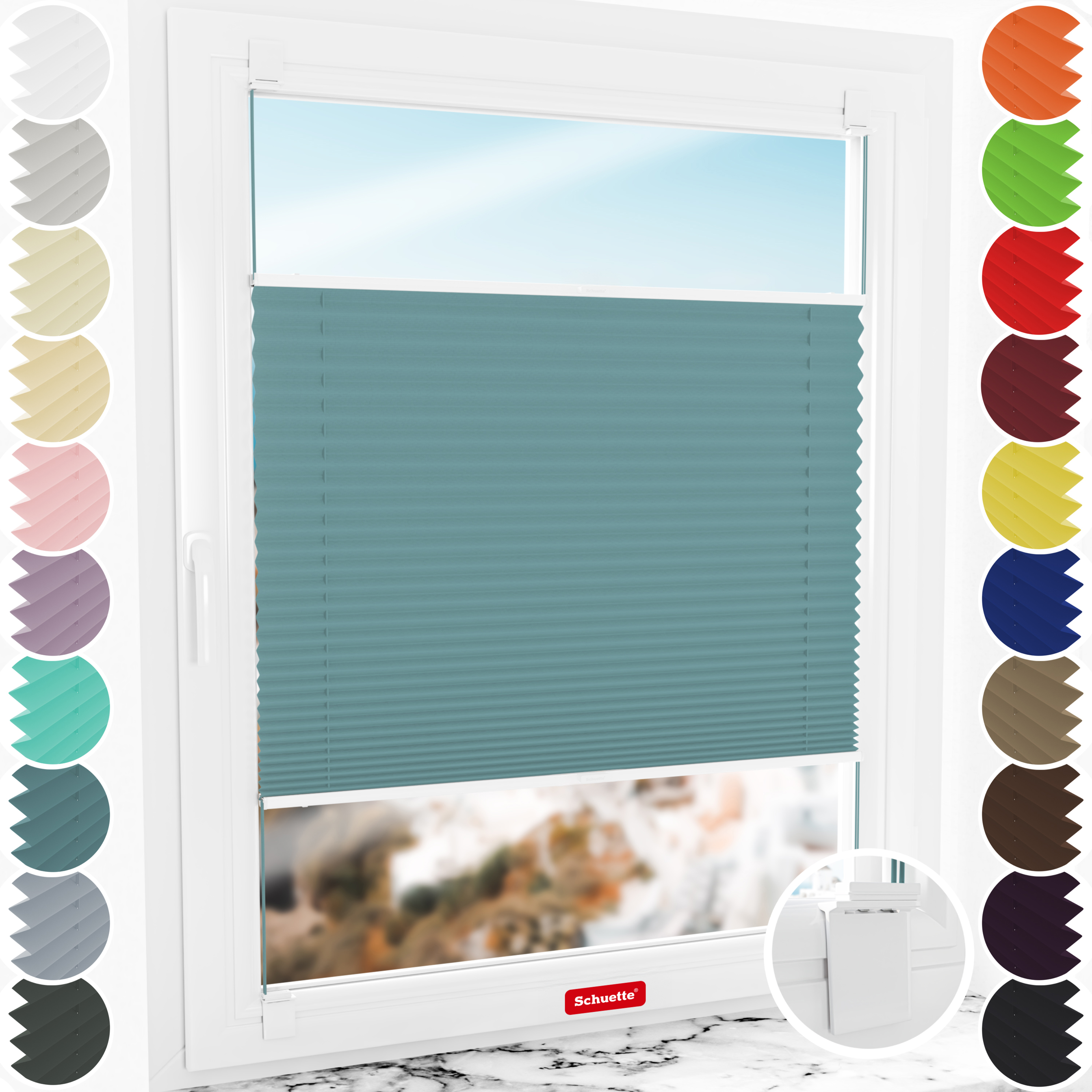 Schuette® Plissee ohne Bohren nach Maß • Suprafix Halterung “Zum Kleben” • Thermo Kollektion: Teal Aura (Türkis) • Profilfarbe: Eiche
