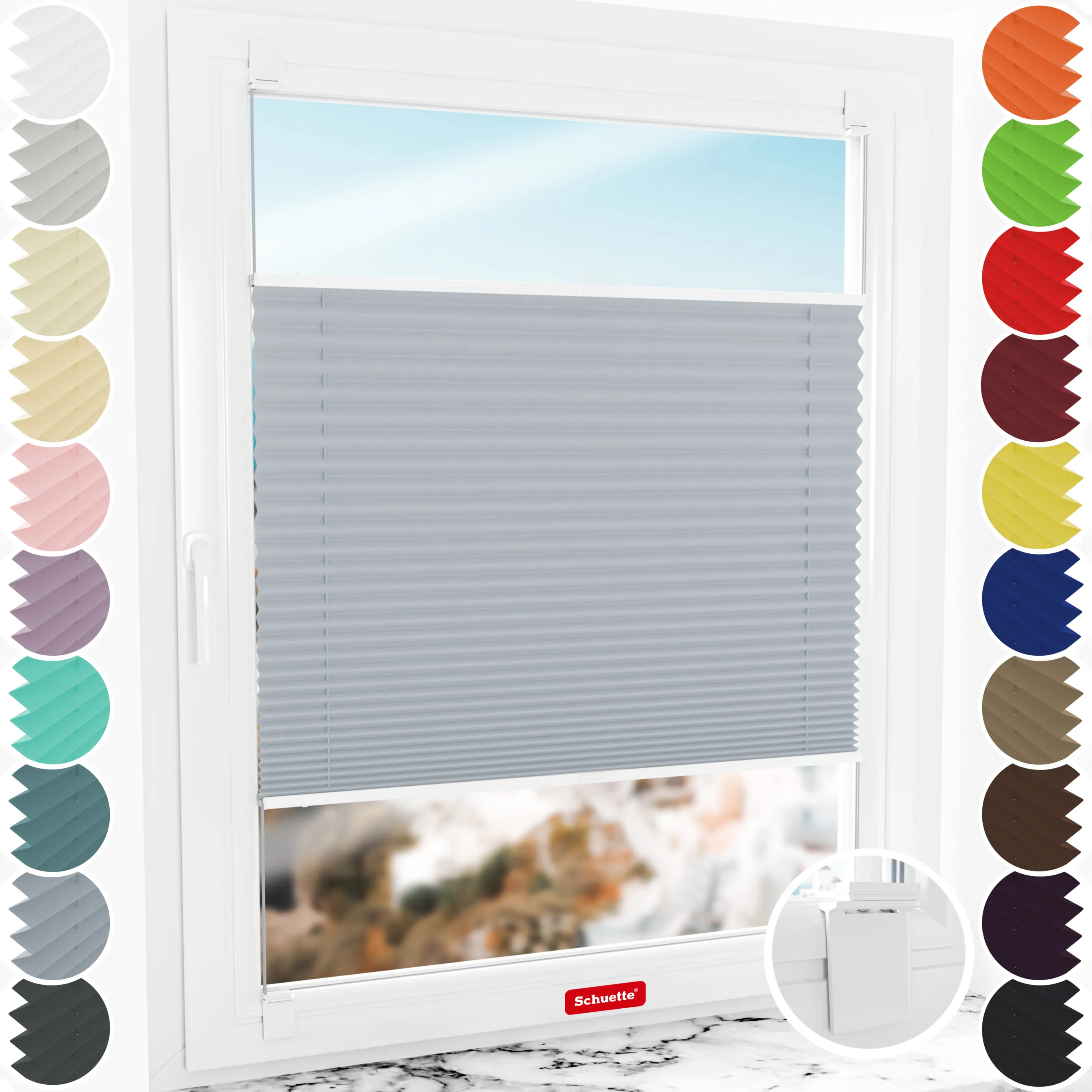 Schuette® Plissee ohne Bohren nach Maß • Suprafix Halterung “Zum Kleben” • Thermo Kollektion: Iron Fog (Hellgrau) • Profilfarbe: Anthrazit