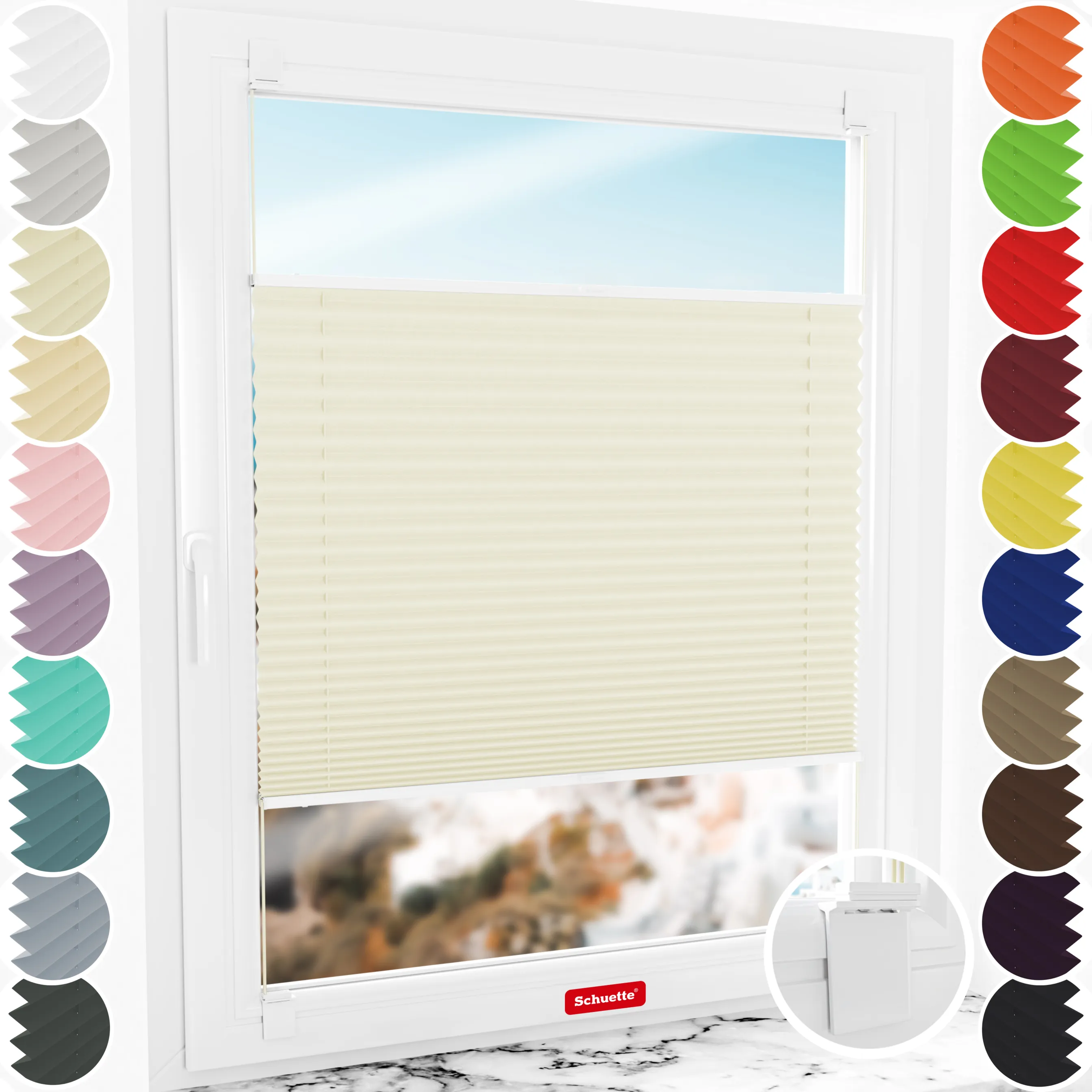 Schuette® Plissee ohne Bohren nach Maß • Suprafix Halterung “Zum Kleben” • Thermo Kollektion: Sandstone (Beige) • Profilfarbe: Walnuss