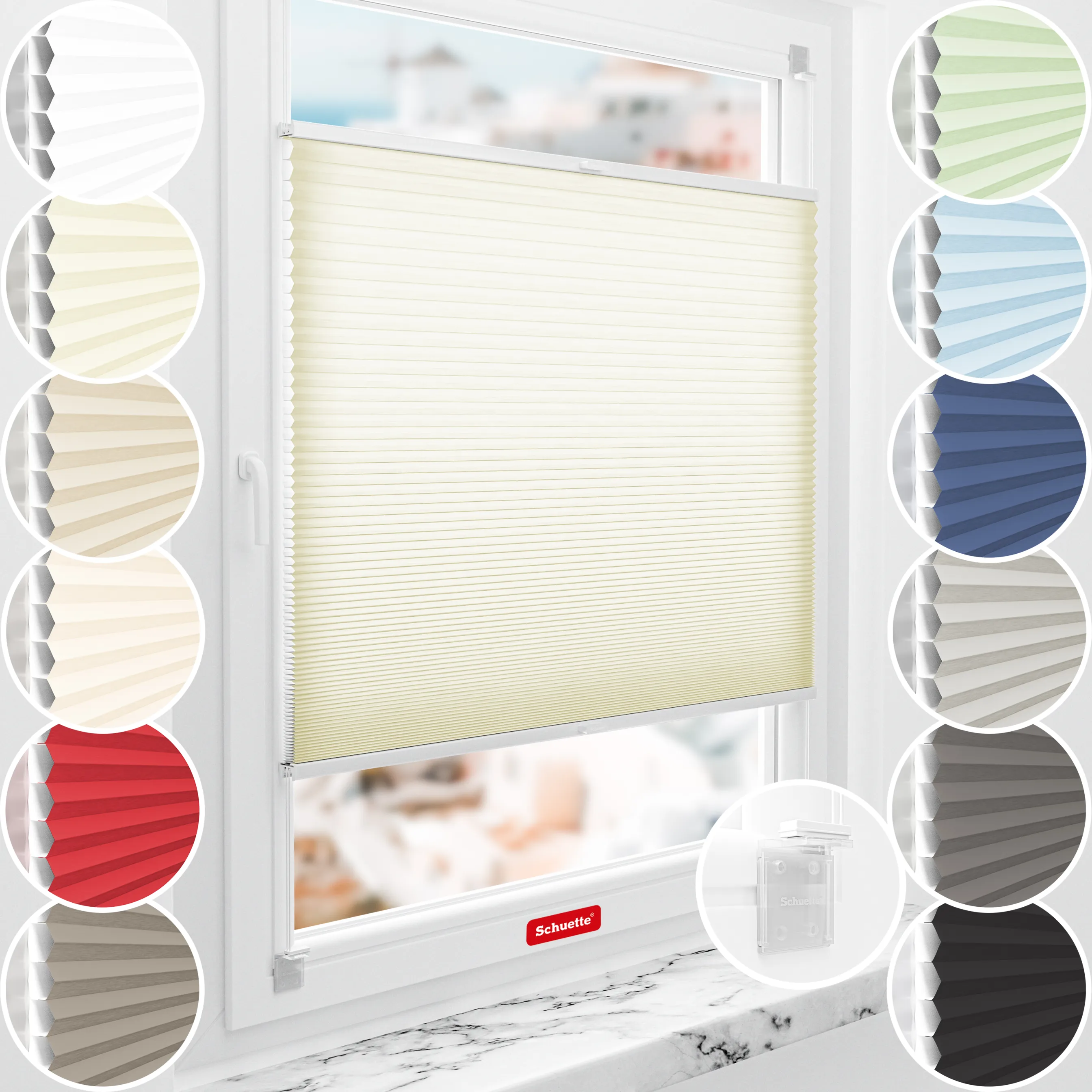 Schuette® Wabenplissee ohne Bohren nach Maß • Klebehalter & Schraubhalter 2in1 Set "Letsbond" • Thermo x Honey Kollektion: Butterlight (Beige) • Profilfarbe: Eiche