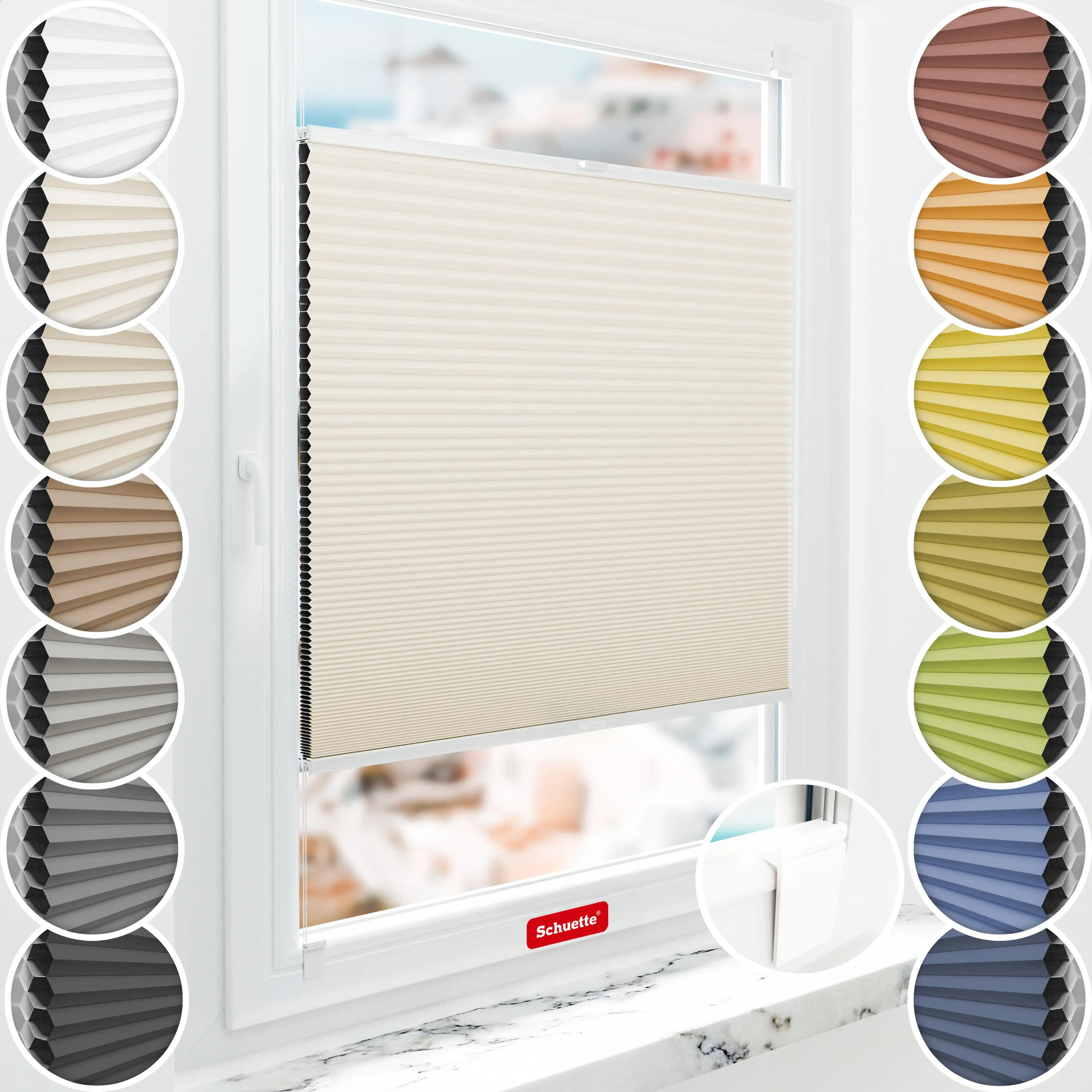 Schuette® Wabenplissee ohne Bohren nach Maß • Klebehalter & Schraubhalter 2in1 Set "Letsbond" Transparent • Honey Kollektion: Calm Coast (Beige) • Profilfarbe: Silber