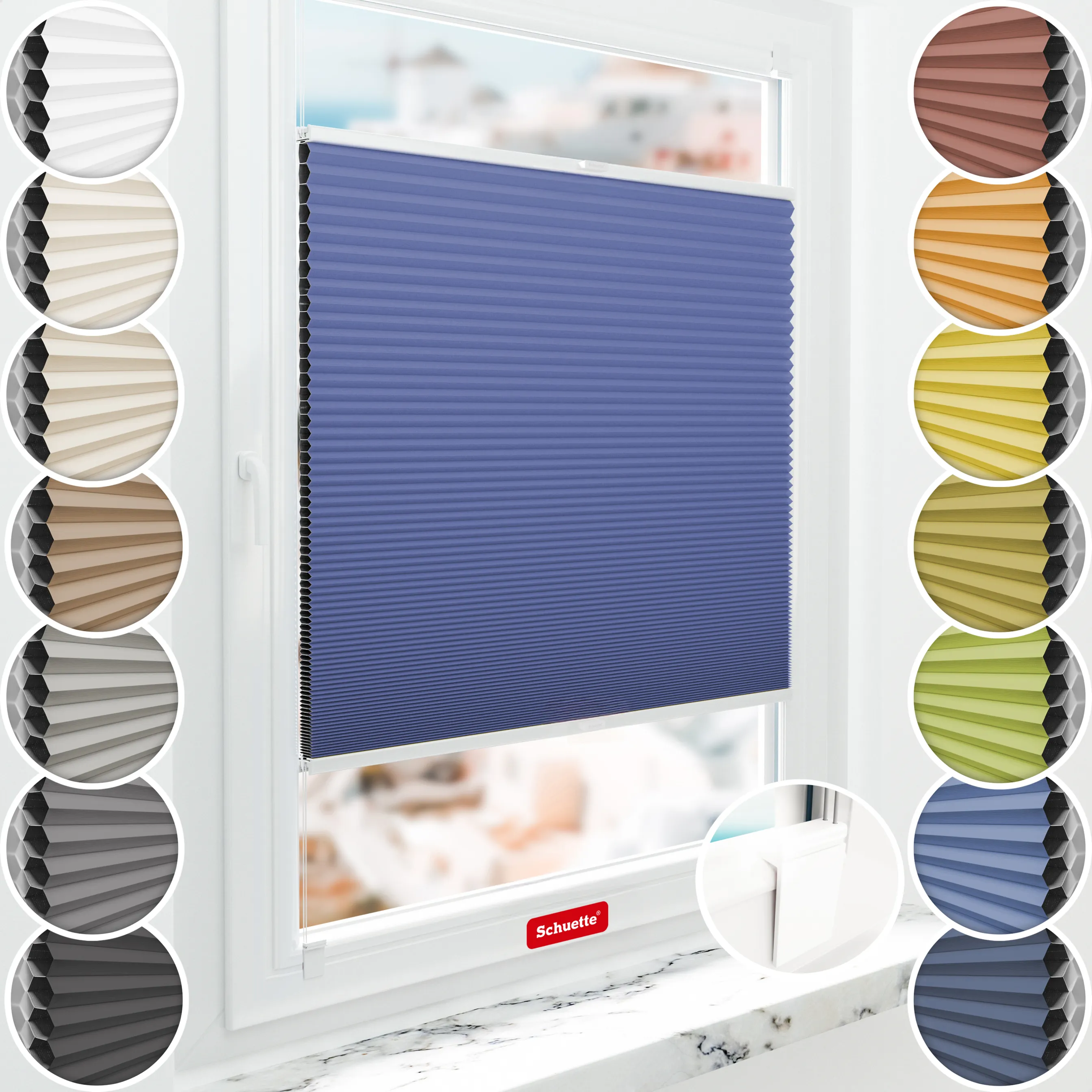 Schuette® Wabenplissee ohne Bohren nach Maß • Klebehalter & Schraubhalter 2in1 Set "Letsbond" Transparent • Honey Kollektion: Skyline (Blau) • Profilfarbe: Braun