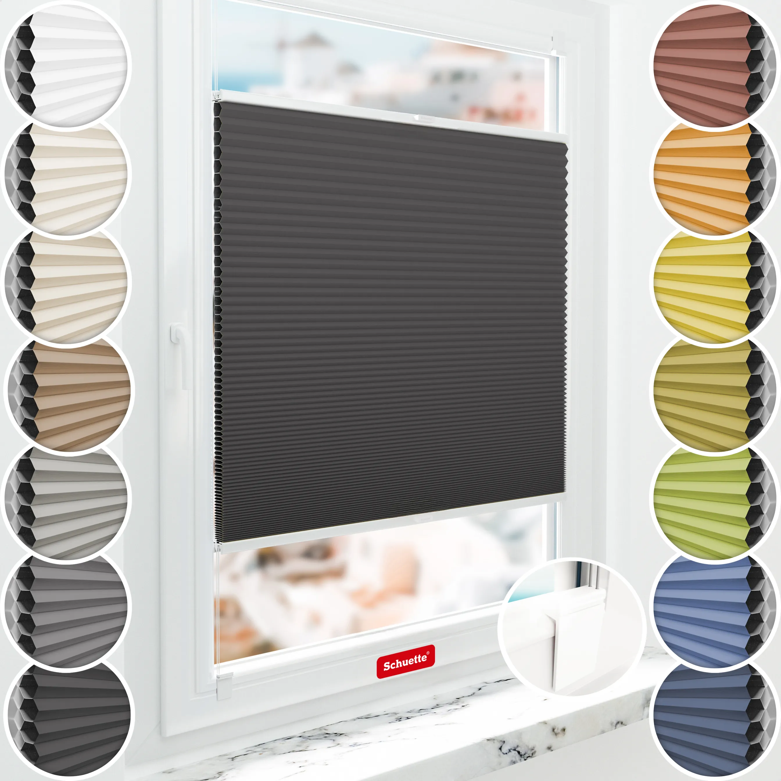 Schuette® Wabenplissee ohne Bohren nach Maß • Klebehalter & Schraubhalter 2in1 Set "Letsbond" Transparent • Honey Kollektion: Starry Night (Schwarz) • Profilfarbe: Walnuss