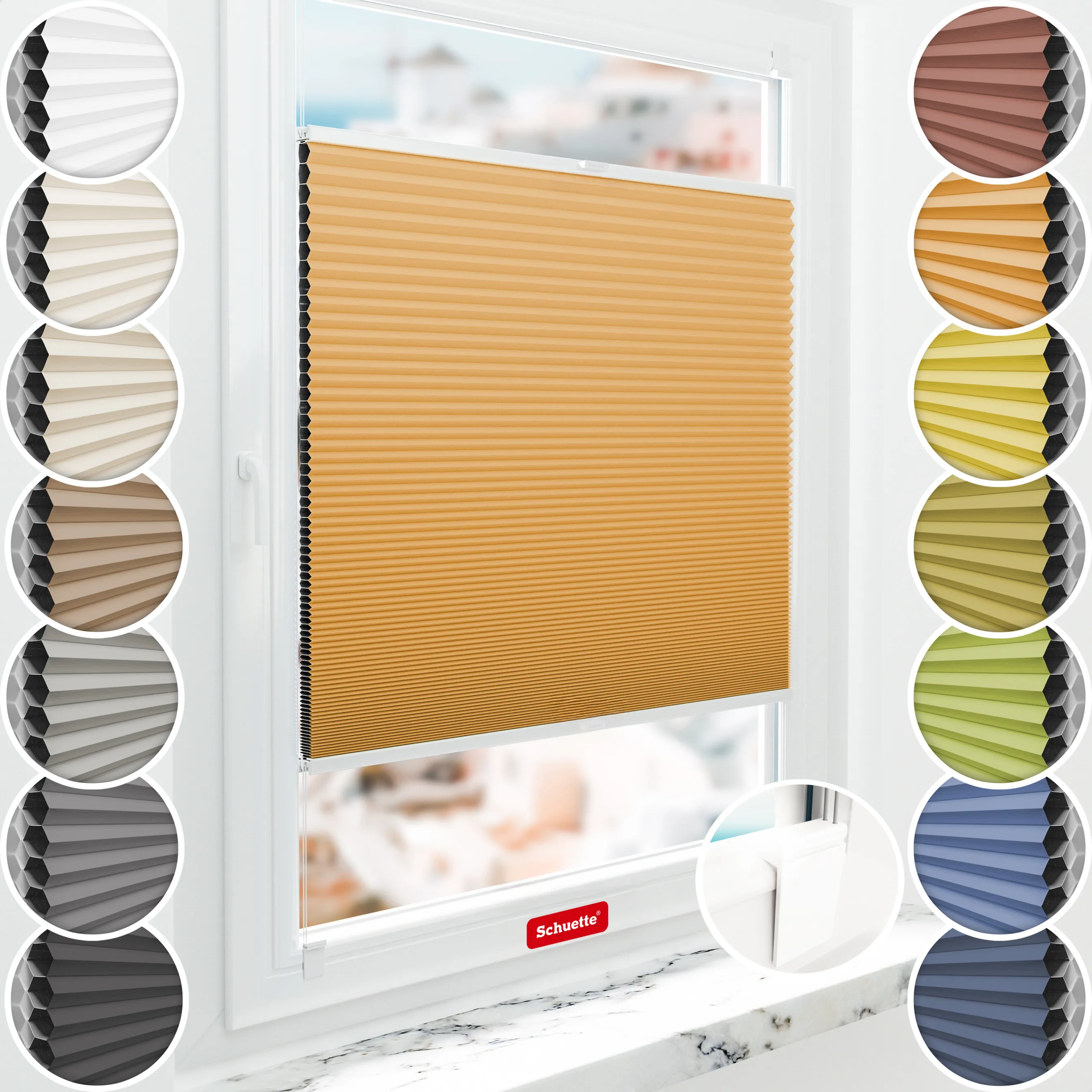 Schuette® Wabenplissee ohne Bohren nach Maß • Klebehalter & Schraubhalter 2in1 Set "Letsbond" Transparent • Honey Kollektion: Citrus Glow (Orange) • Profilfarbe: Braun