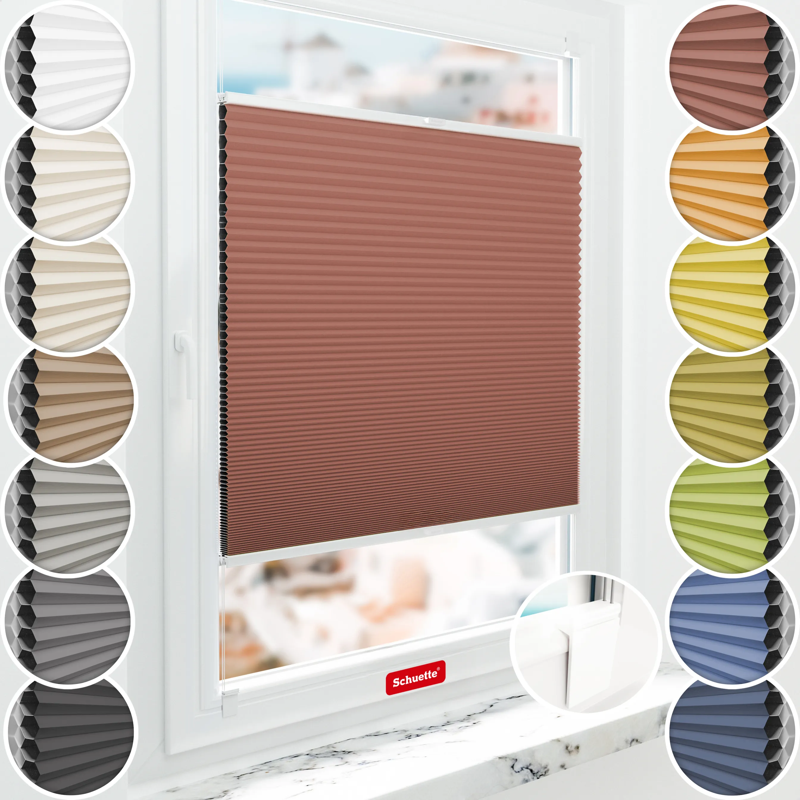 Schuette® Wabenplissee ohne Bohren nach Maß • Klebehalter & Schraubhalter 2in1 Set "Letsbond" Transparent • Honey Kollektion: Poppy Petal (Dunkelrot) • Profilfarbe: Anthrazit