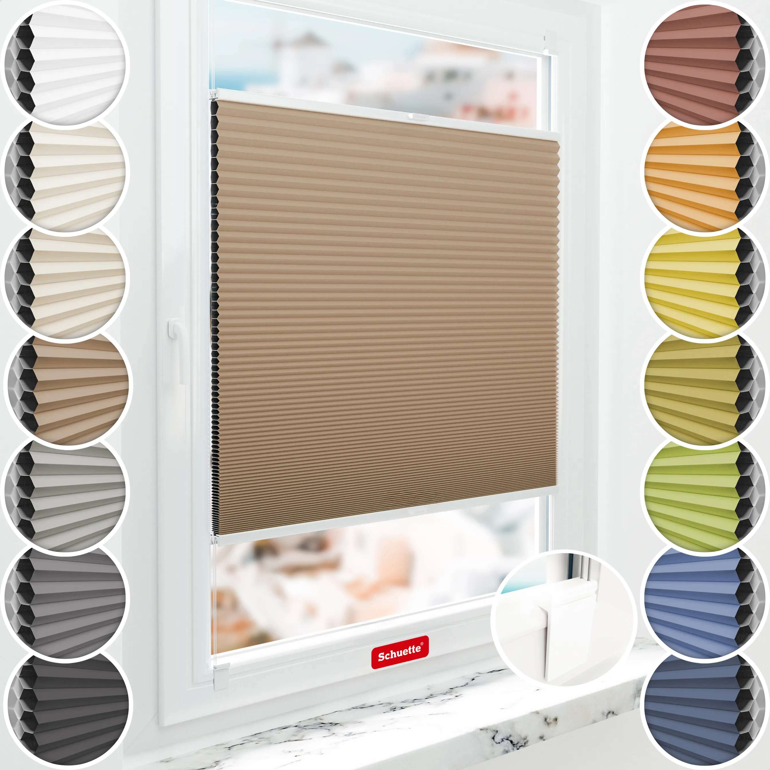 Schuette® Wabenplissee ohne Bohren nach Maß • Klebehalter & Schraubhalter 2in1 Set "Letsbond" Transparent • Honey Kollektion: Maple Wood (Braun) • Profilfarbe: Braun