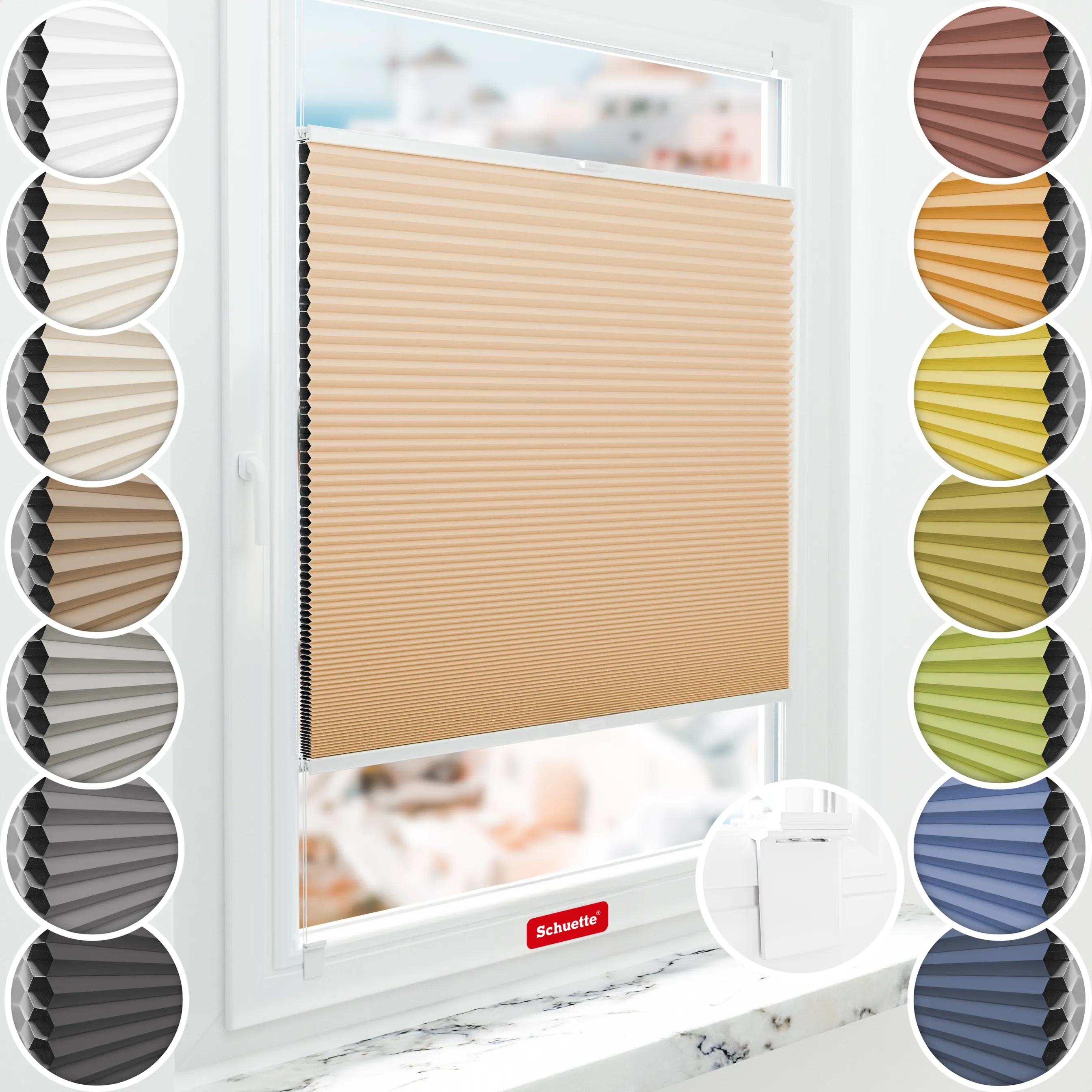 Schuette® Wabenplissee ohne Bohren nach Maß • Klebehalter & Schraubhalter 2in1 Set "Letsbond" Transparent • Honey Kollektion: Honeywood (Sand) • Profilfarbe: Walnuss