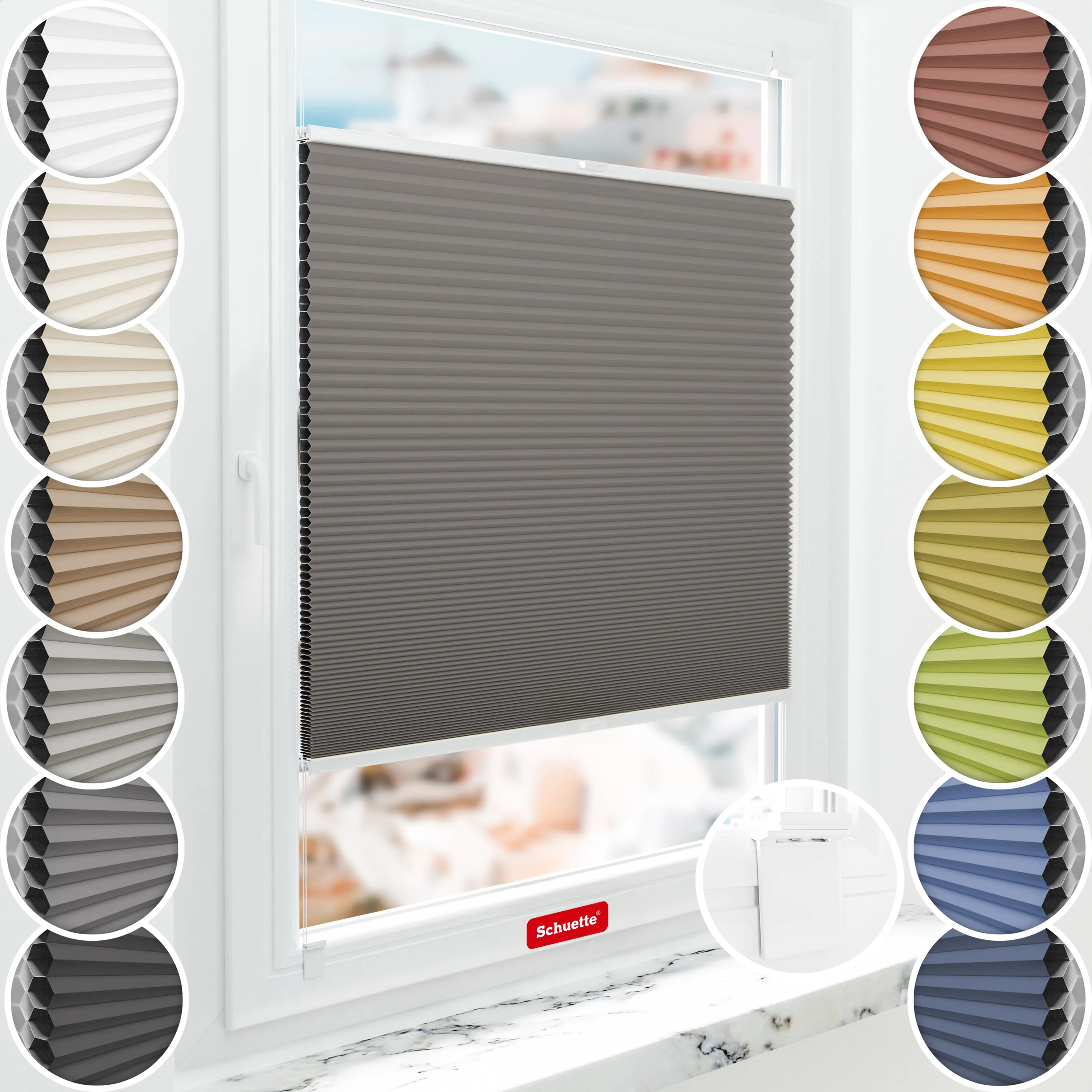 Schuette® Wabenplissee ohne Bohren nach Maß • Klebehalter & Schraubhalter 2in1 Set "Letsbond" Transparent • Honey Kollektion: Swiss Chocolate (Taupe) • Profilfarbe: Eiche