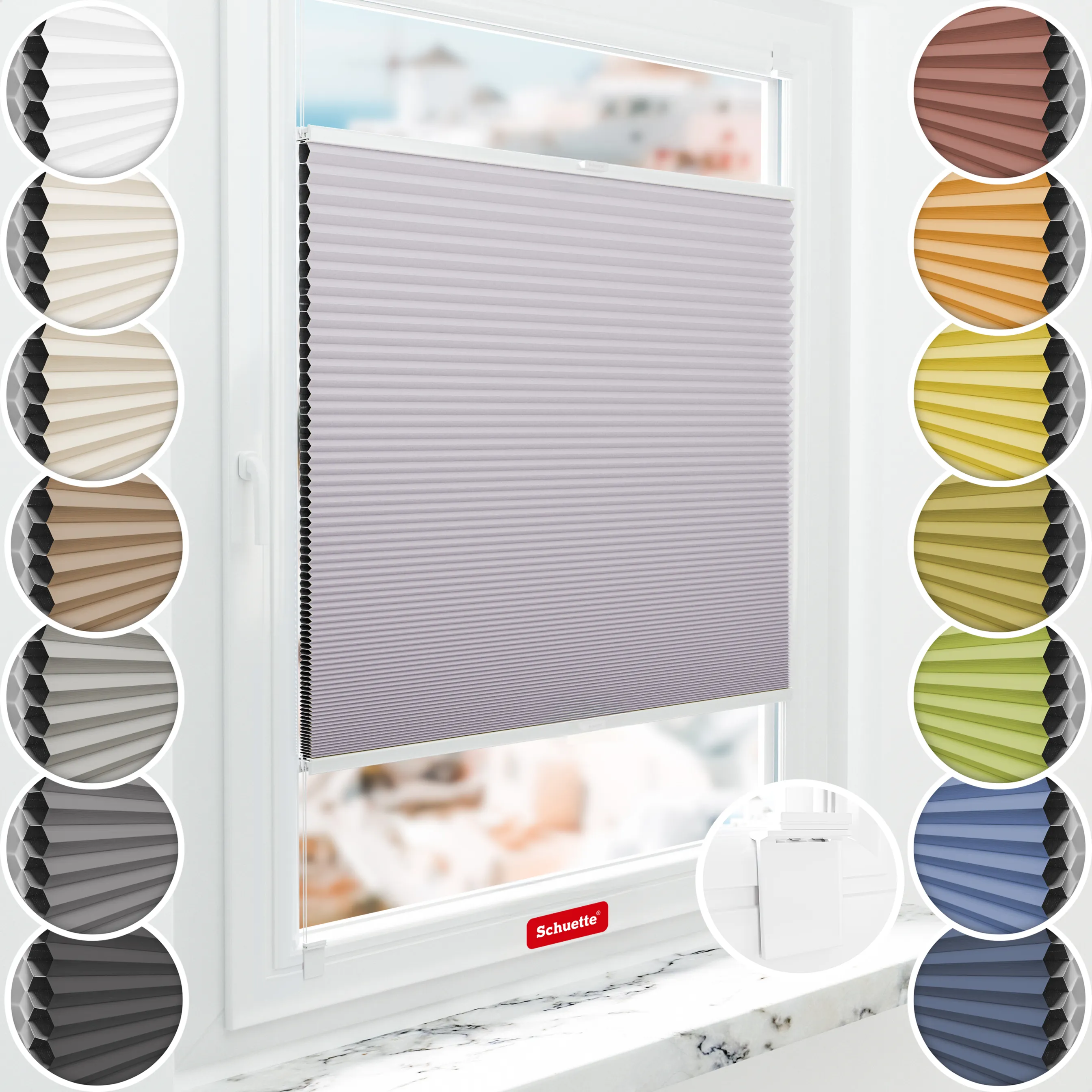 Schuette® Wabenplissee ohne Bohren nach Maß • Klebehalter & Schraubhalter 2in1 Set "Letsbond" Transparent • Honey Kollektion: Sakura Sky (Pastelllila) • Profilfarbe: Braun