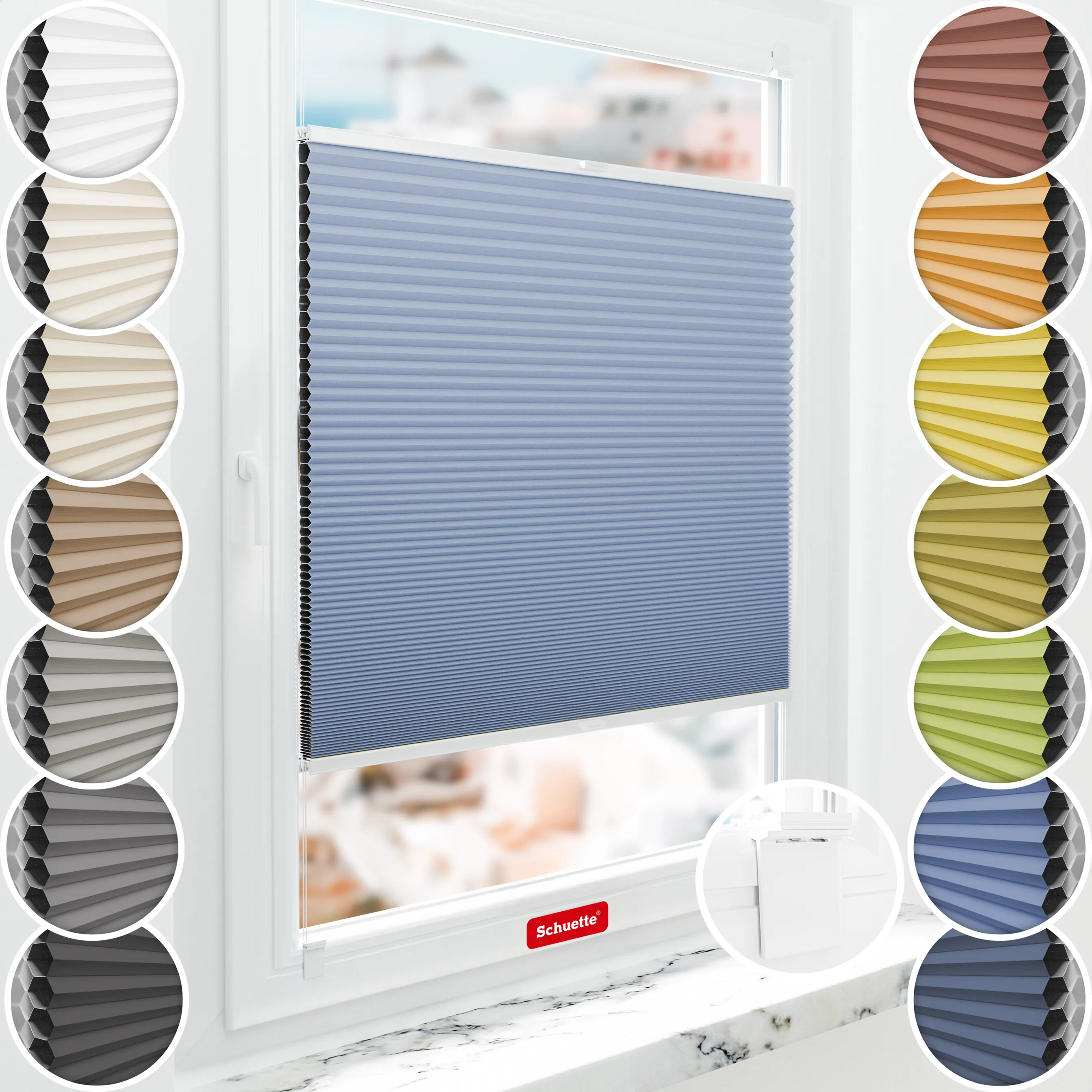 Schuette® Wabenplissee ohne Bohren nach Maß • Klebehalter & Schraubhalter 2in1 Set "Letsbond" Transparent • Honey Kollektion: Ocean Drive (Hellblau) • Profilfarbe: Weiß
