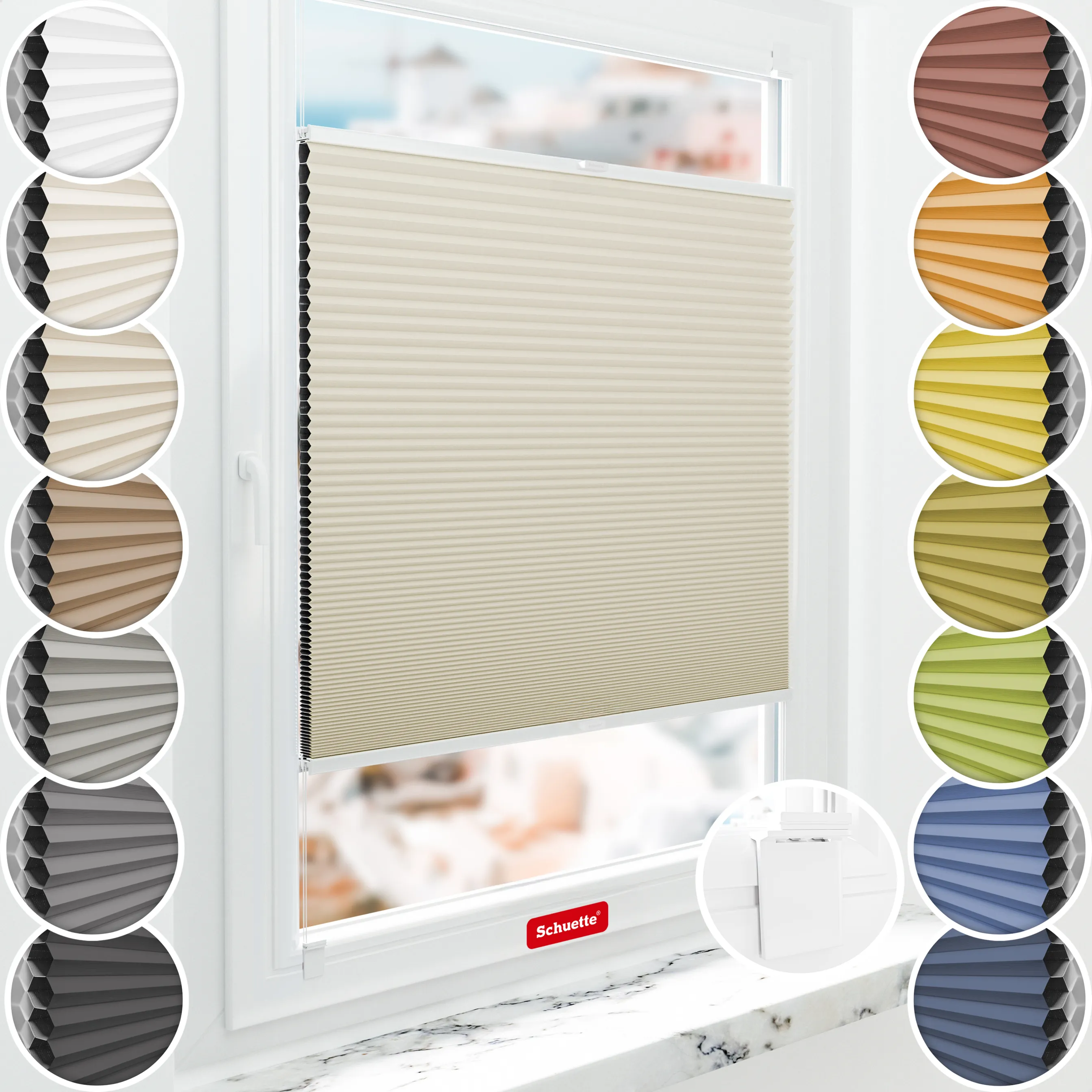Schuette® Wabenplissee ohne Bohren nach Maß • Klebehalter & Schraubhalter 2in1 Set "Letsbond" Transparent • Honey Kollektion: Belgian Waffle (Creme) • Profilfarbe: Eiche