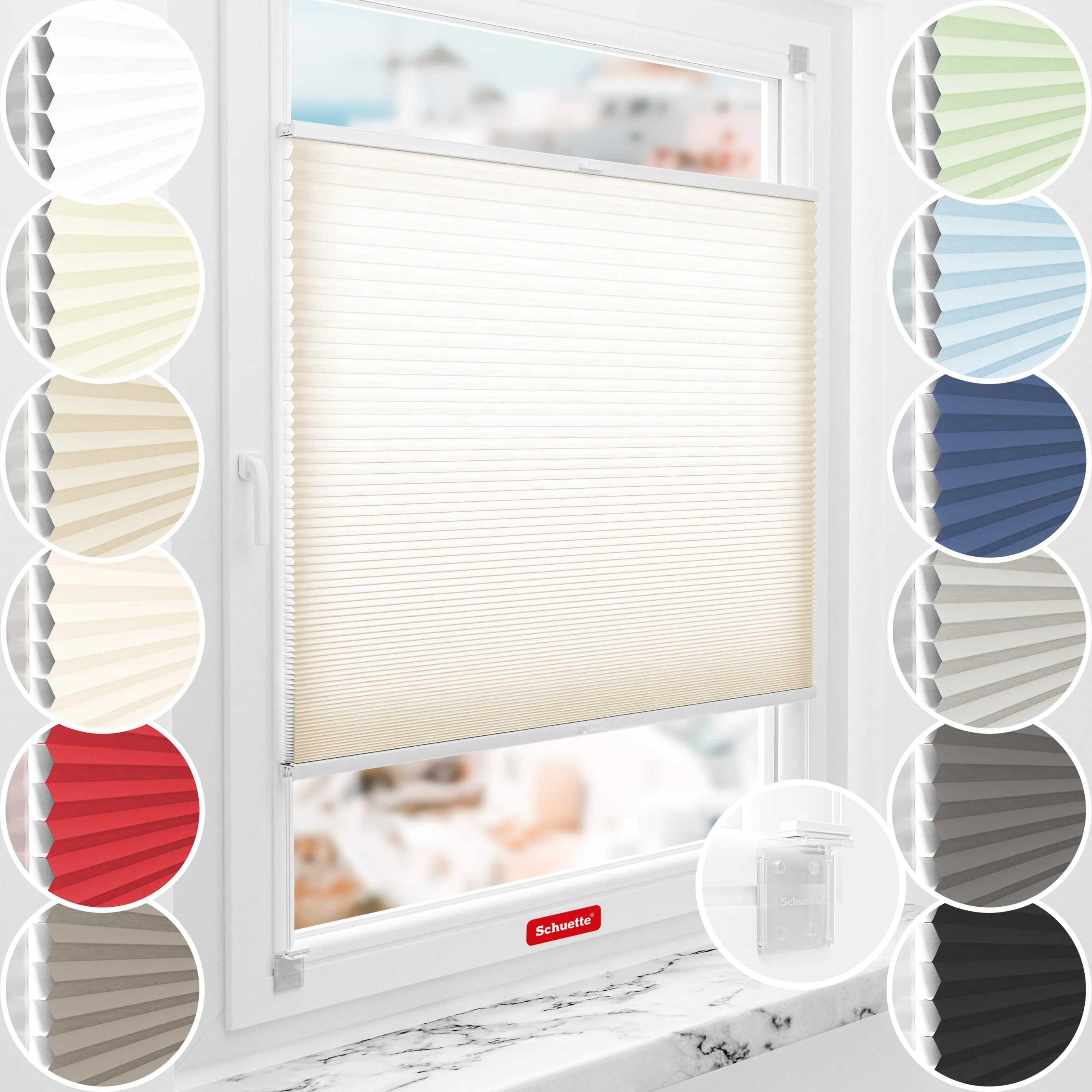 Schuette® Wabenplissee ohne Bohren nach Maß • Klebehalter & Schraubhalter 2in1 Set "Letsbond" Transparent • Thermo x Honey Kollektion: Tahini cream (Creme) • Profilfarbe: Walnuss