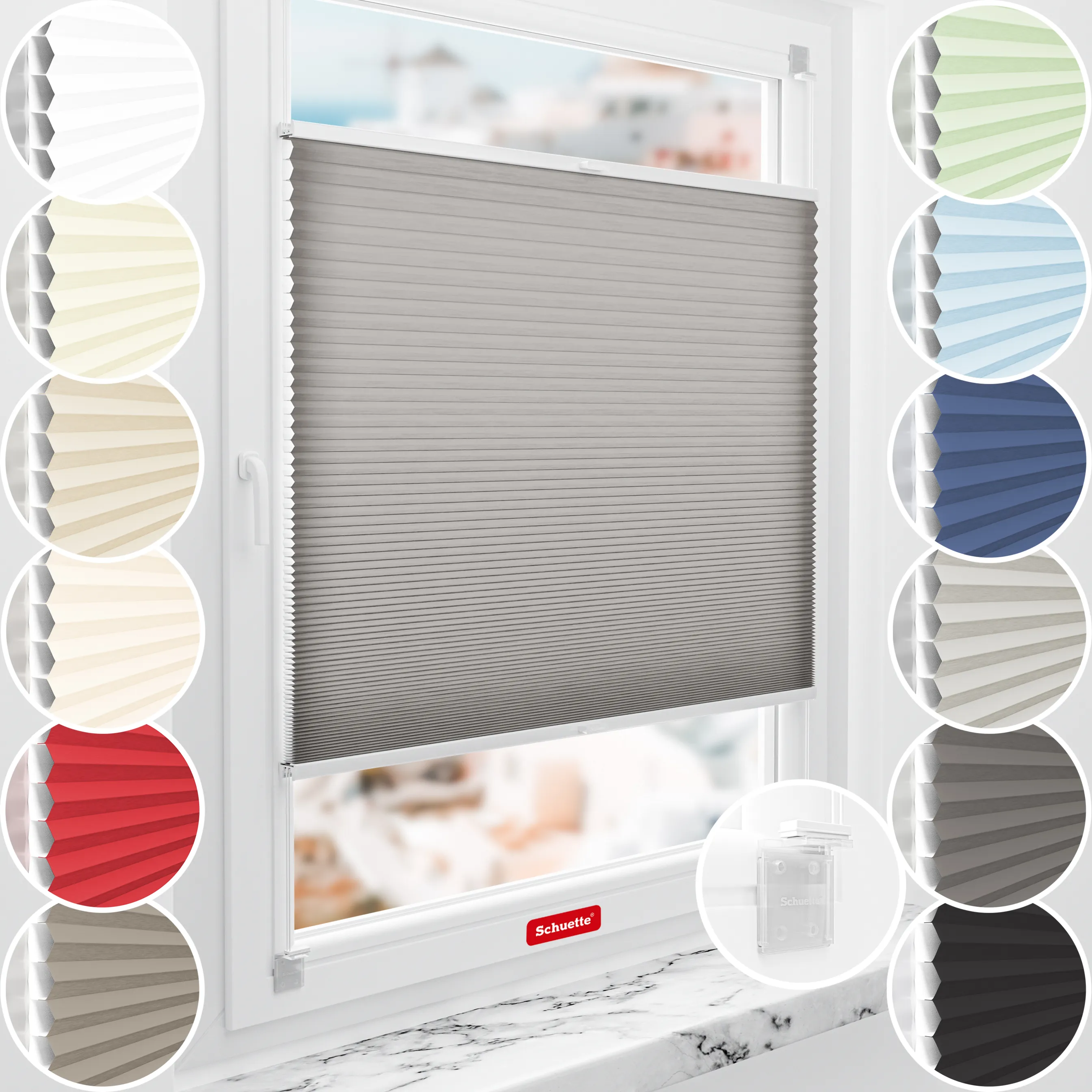 Schuette® Wabenplissee ohne Bohren nach Maß • Klebehalter & Schraubhalter 2in1 Set "Letsbond" Transparent • Thermo x Honey Kollektion: Overbaked (Grau) • Profilfarbe: Braun