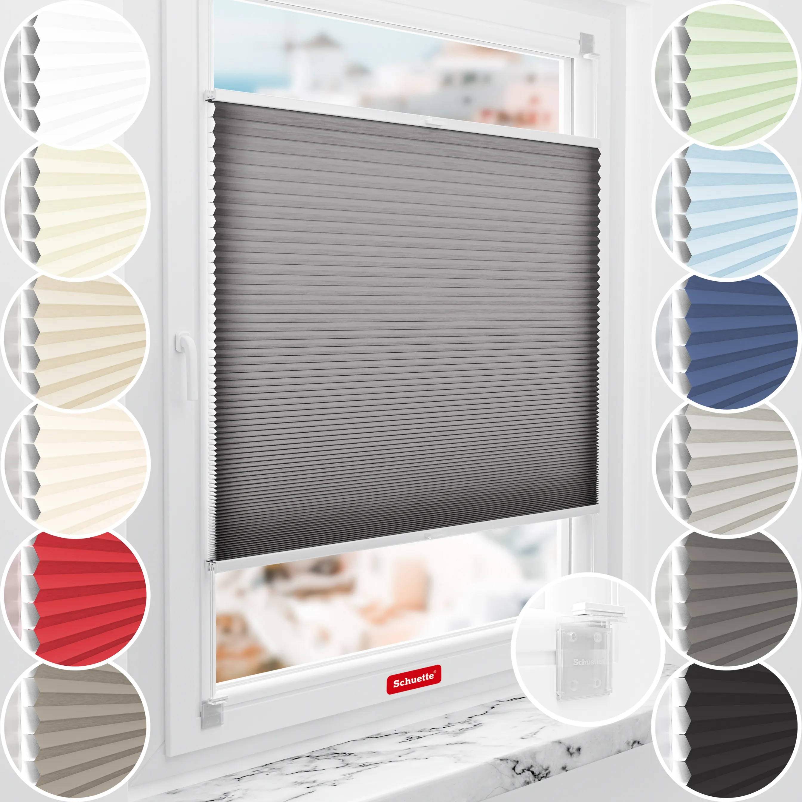 Schuette® Wabenplissee ohne Bohren nach Maß • Klebehalter & Schraubhalter 2in1 Set "Letsbond" Transparent • Thermo x Honey Kollektion: Midnight Snack (Schwarz) • Profilfarbe: Silber