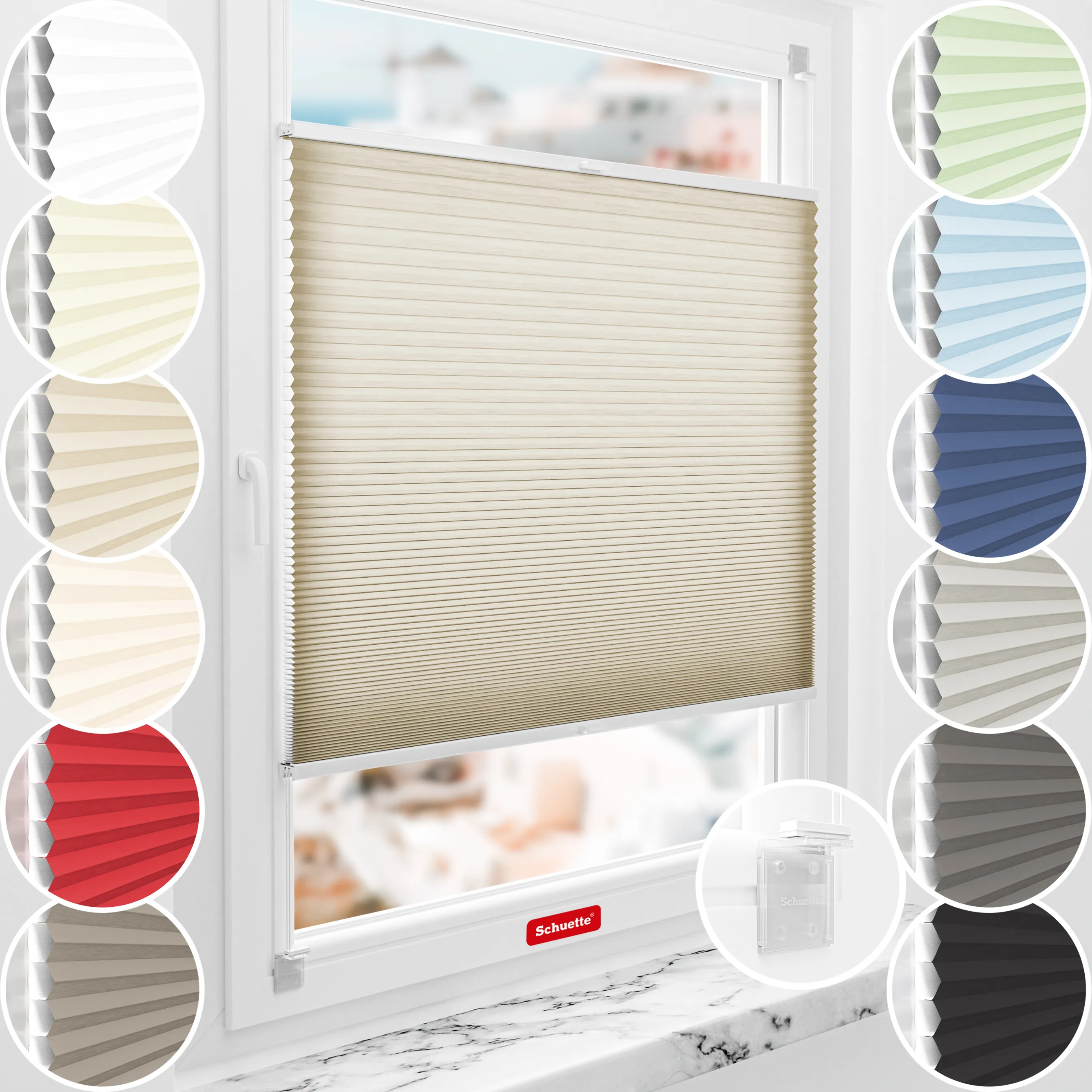 Schuette® Wabenplissee ohne Bohren nach Maß • Klebehalter & Schraubhalter 2in1 Set "Letsbond" Transparent • Thermo x Honey Kollektion: Latte Mood (Sandbeige) • Profilfarbe: Walnuss