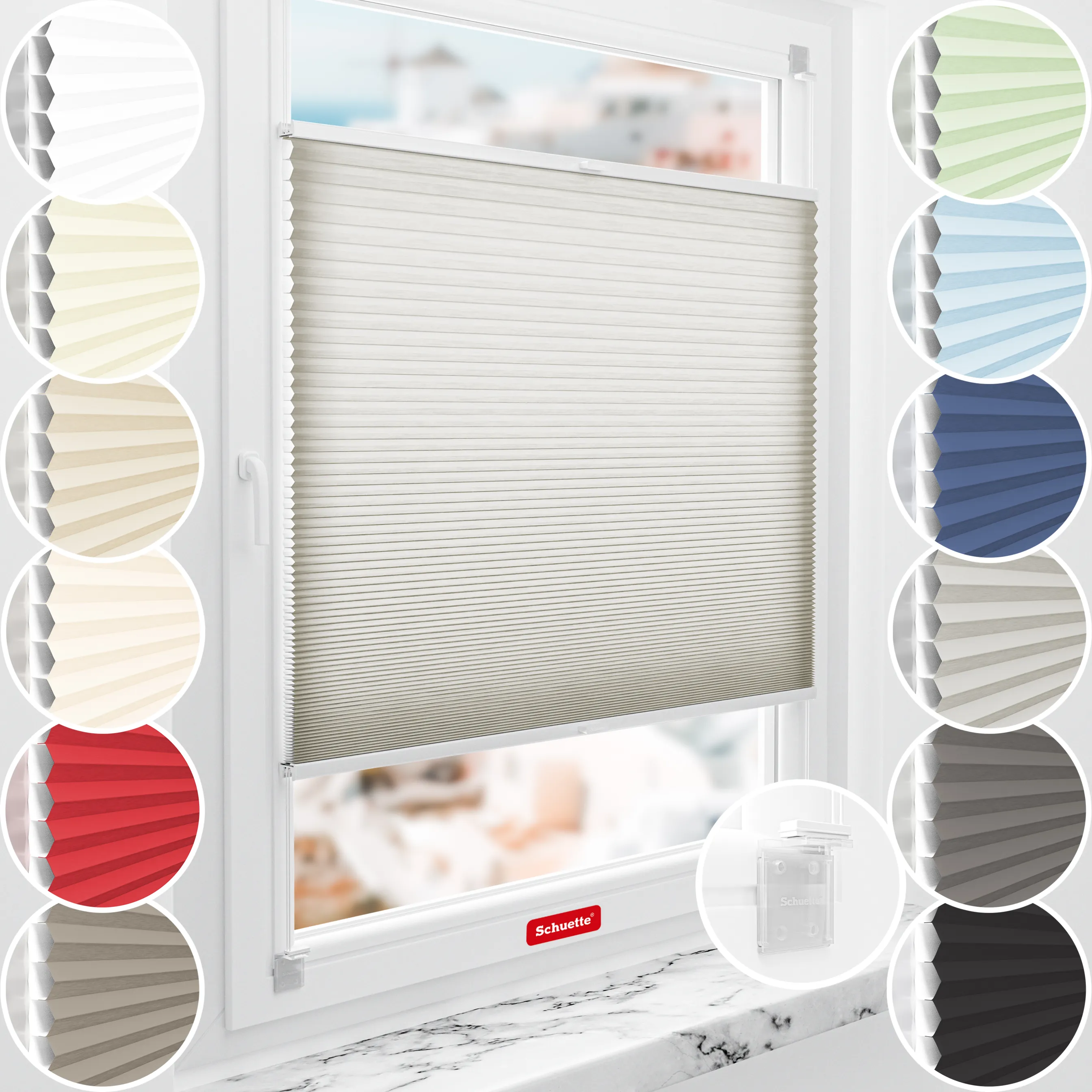 Schuette® Wabenplissee ohne Bohren nach Maß • Klebehalter & Schraubhalter 2in1 Set "Letsbond" Transparent • Thermo x Honey Kollektion: Chia Later! (Grau) • Profilfarbe: Weiß