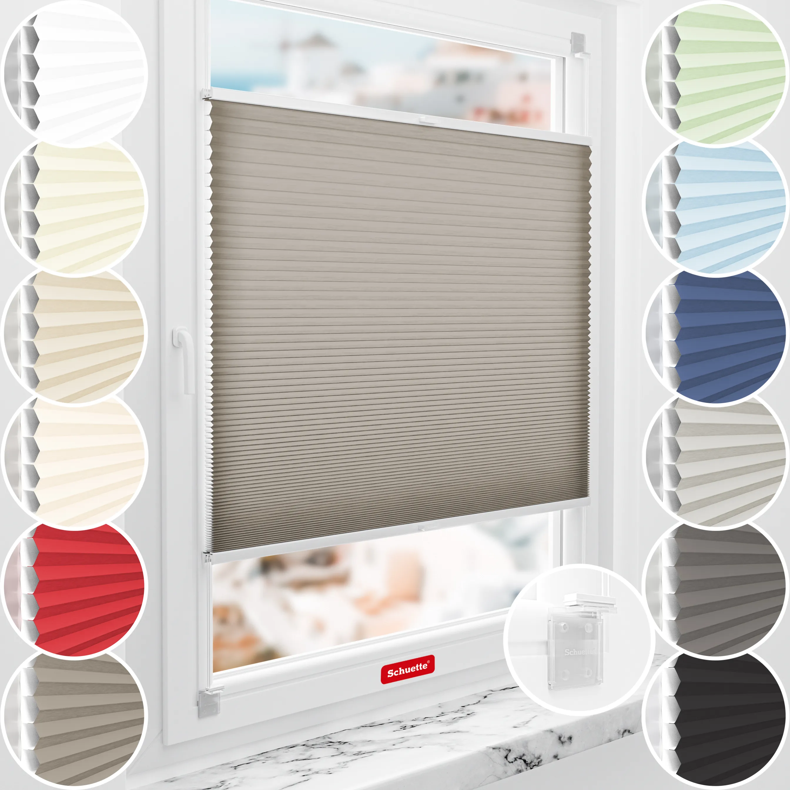 Schuette® Wabenplissee ohne Bohren nach Maß • Klebehalter & Schraubhalter 2in1 Set "Letsbond" Transparent • Thermo x Honey Kollektion: Truffle Dust (Taupe) • Profilfarbe: Weiß