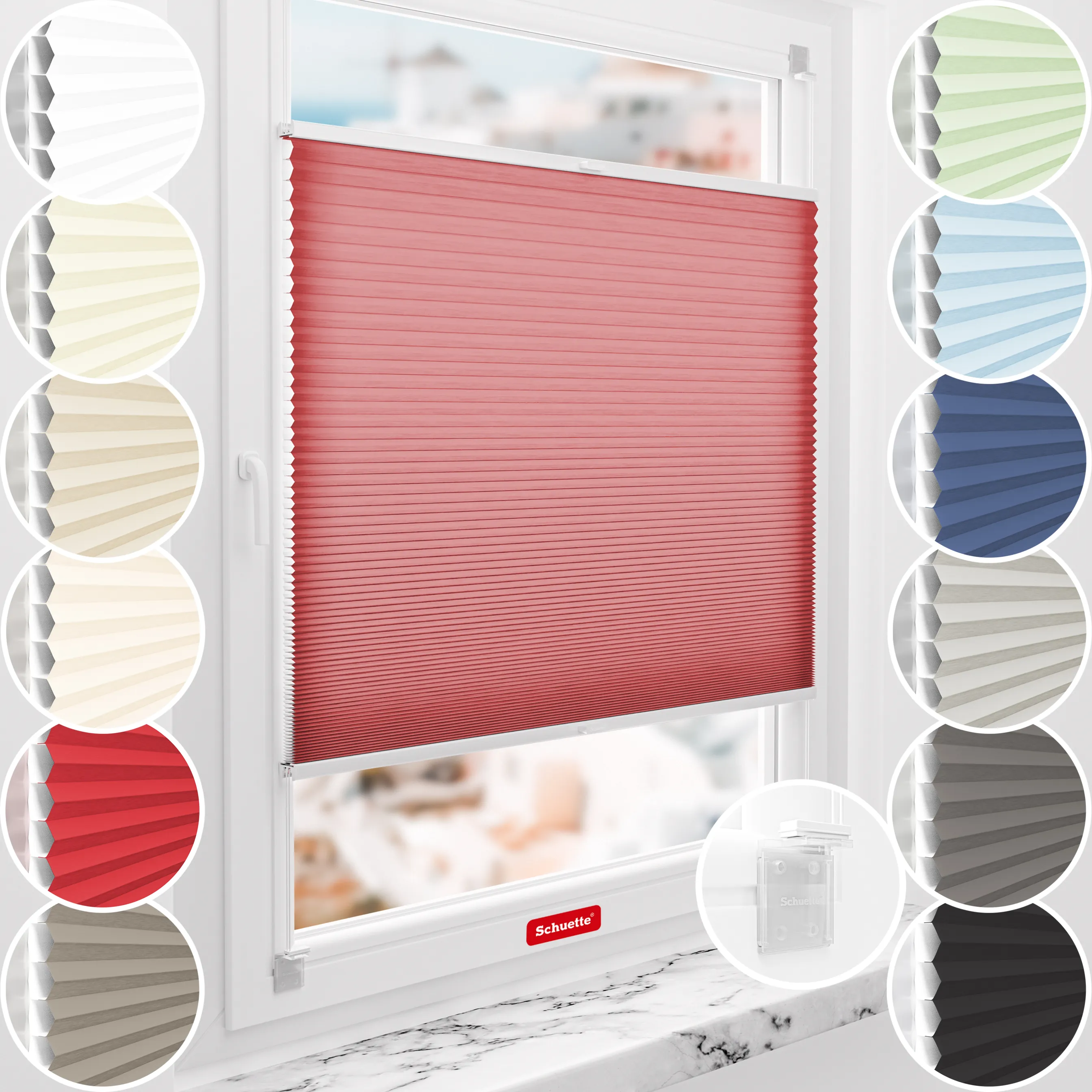 Schuette® Wabenplissee ohne Bohren nach Maß • Klebehalter & Schraubhalter 2in1 Set "Letsbond" Transparent • Thermo x Honey Kollektion: Cherrished (Rot) • Profilfarbe: Braun