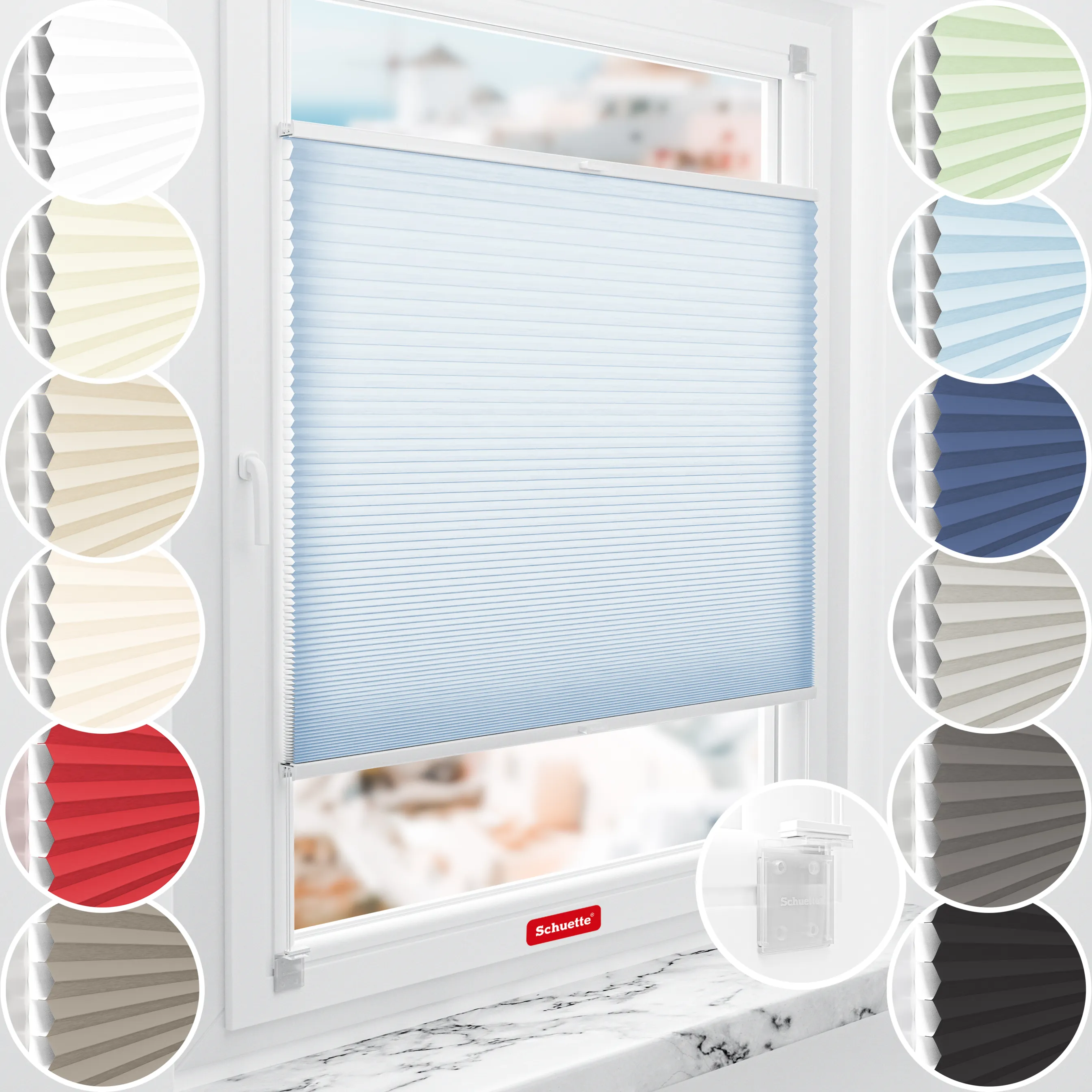 Schuette® Wabenplissee ohne Bohren nach Maß • Klebehalter & Schraubhalter 2in1 Set "Letsbond" Transparent • Thermo x Honey Kollektion: Ice Pop (Hellblau) • Profilfarbe: Weiß