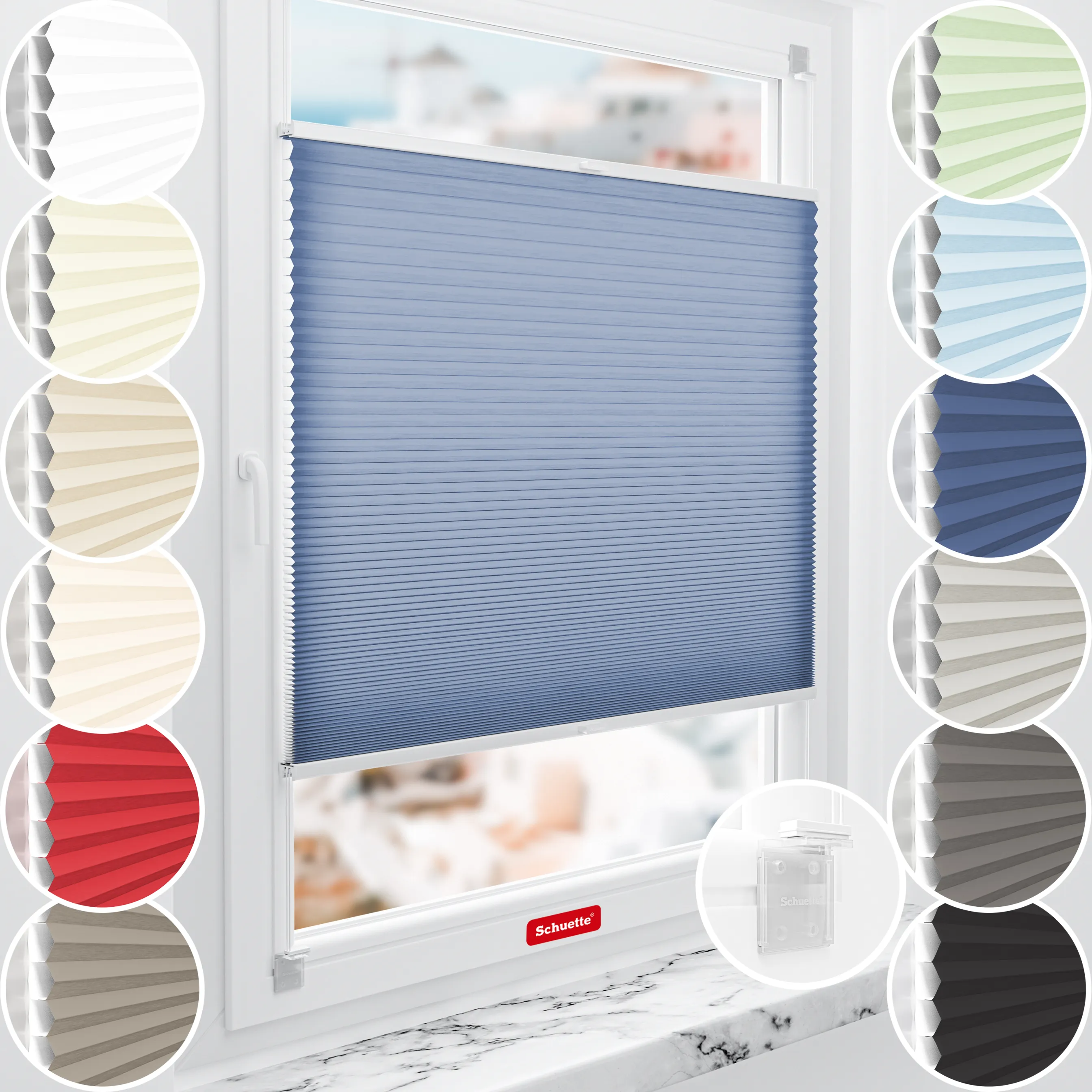 Schuette® Wabenplissee ohne Bohren nach Maß • Klebehalter & Schraubhalter 2in1 Set "Letsbond" Transparent • Thermo x Honey Kollektion: Blue Velvet (Blau) • Profilfarbe: Weiß