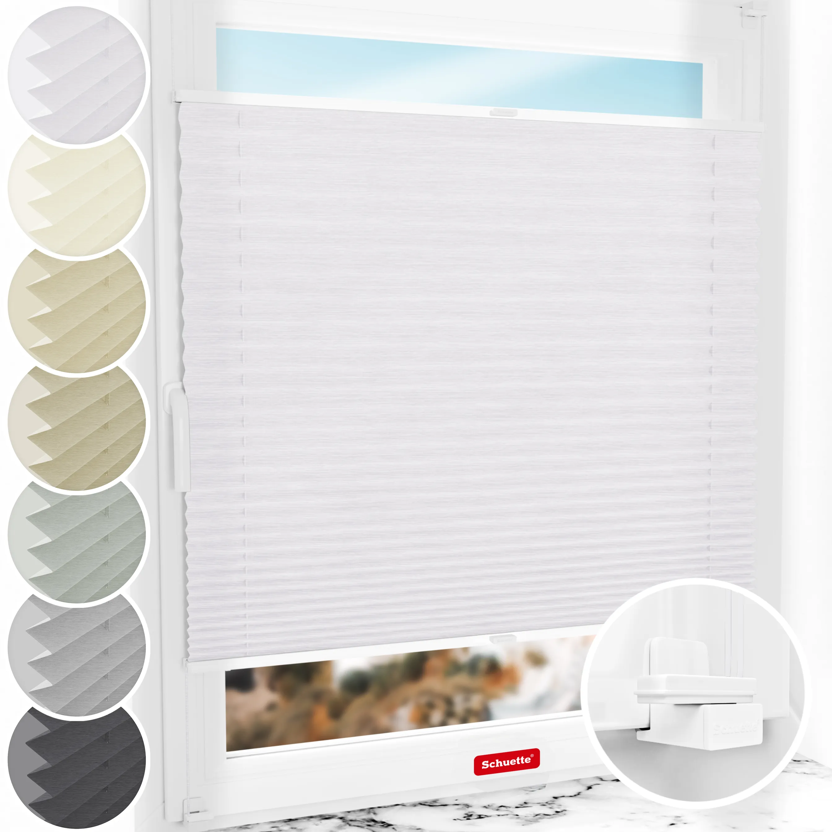 Schuette® Plissee ohne Bohren nach Maß • Suprafix Klemmhalter "X" • Dolomite Kollektion: Cold Morning (Grau) • Profilfarbe: Weiß