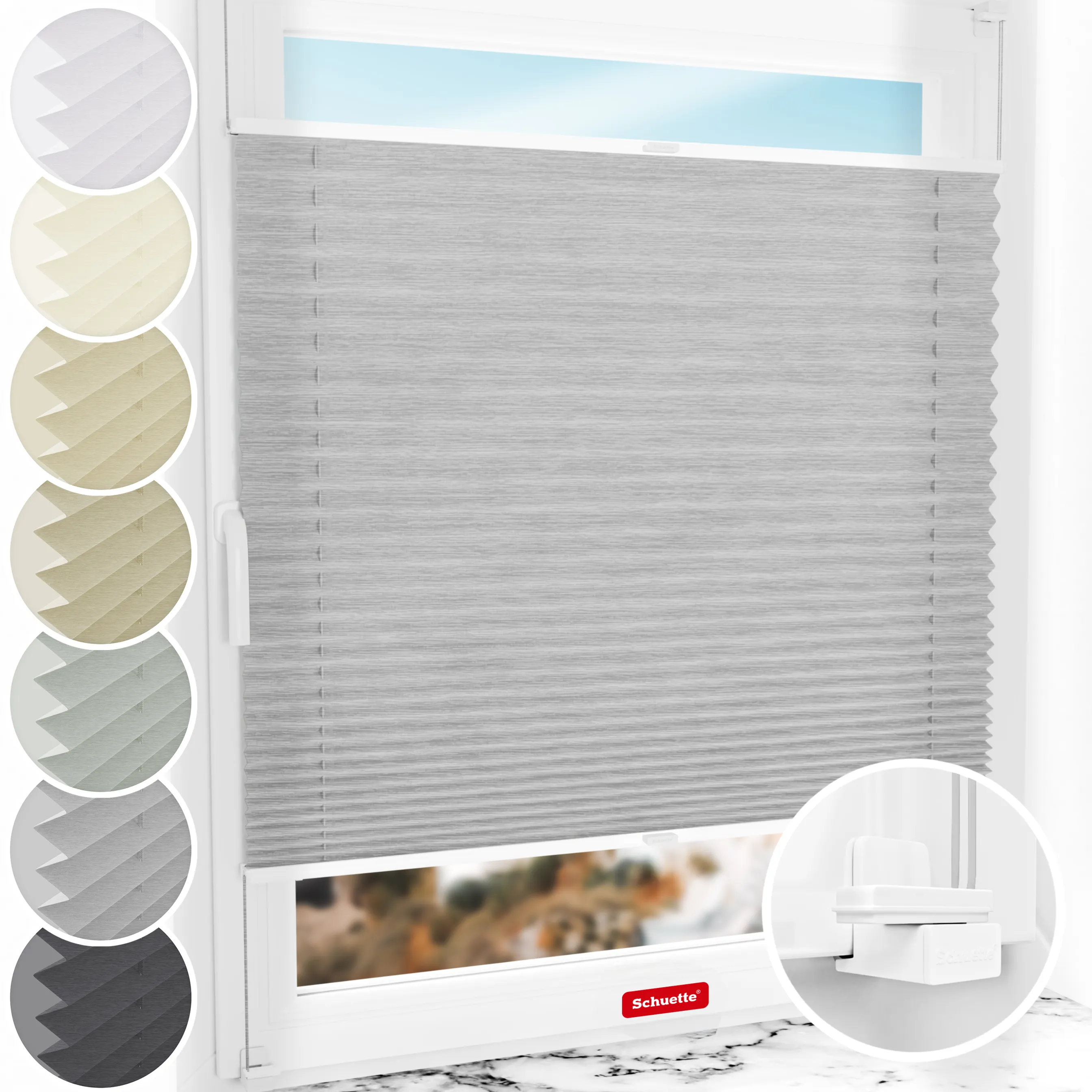 Schuette® Plissee ohne Bohren nach Maß • Suprafix Klemmhalter "X" • Dolomite Kollektion: Storm Gray (Grau) • Profilfarbe: Weiß