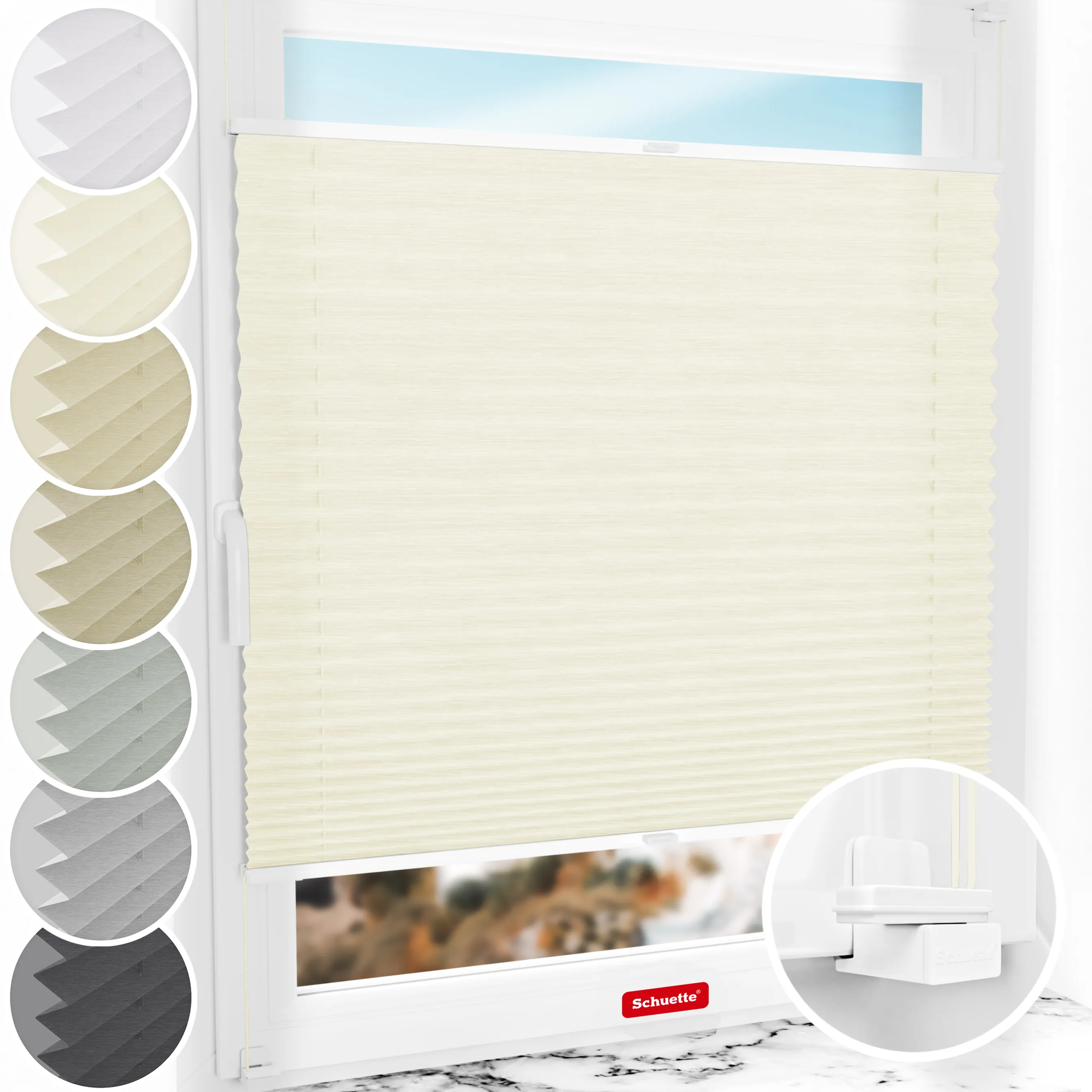 Schuette® Plissee ohne Bohren nach Maß • Suprafix Klemmhalter "X" • Dolomite Kollektion: Vanilla Sky (Beige) • Profilfarbe: Weiß