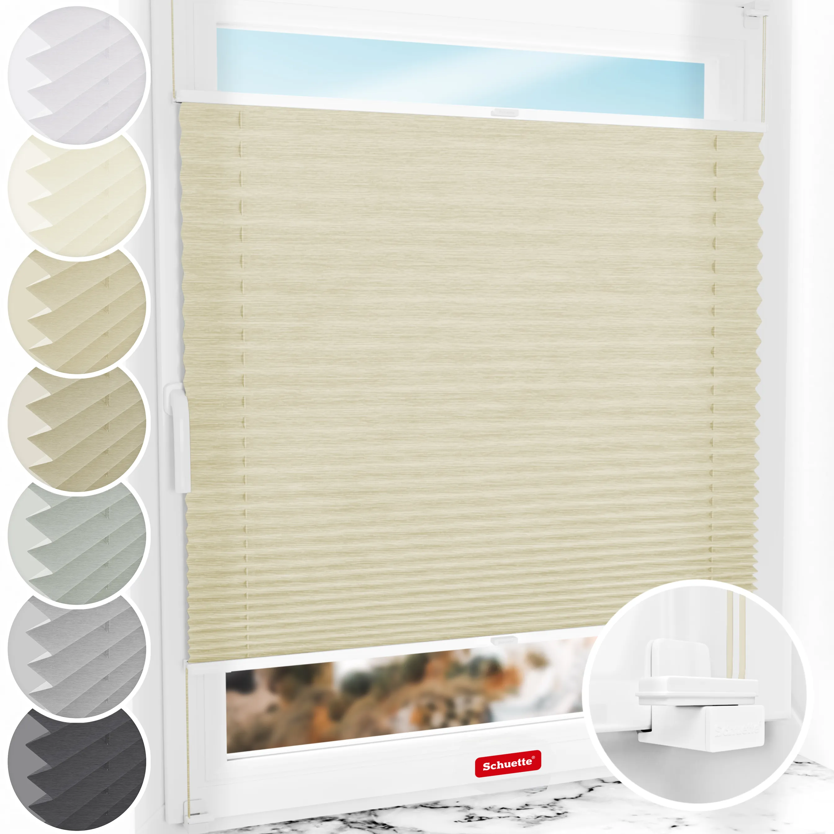 Schuette® Plissee ohne Bohren nach Maß • Suprafix Klemmhalter "X" • Dolomite Kollektion: Wet Stand (Beige) • Profilfarbe: Weiß